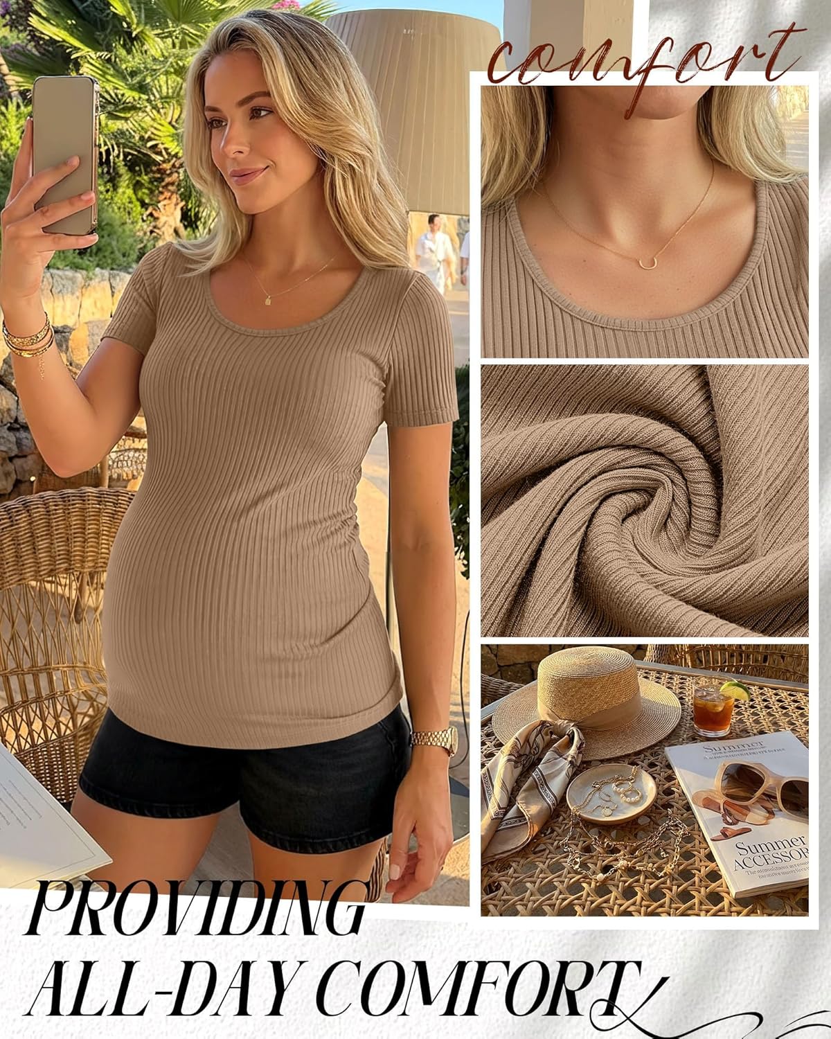 4 Pack Women's Maternity Shirts Ribbed Knit Maternity Tops Short Sleeve Crew Neck Summer Basic Pregnancy Clothes - Image 3