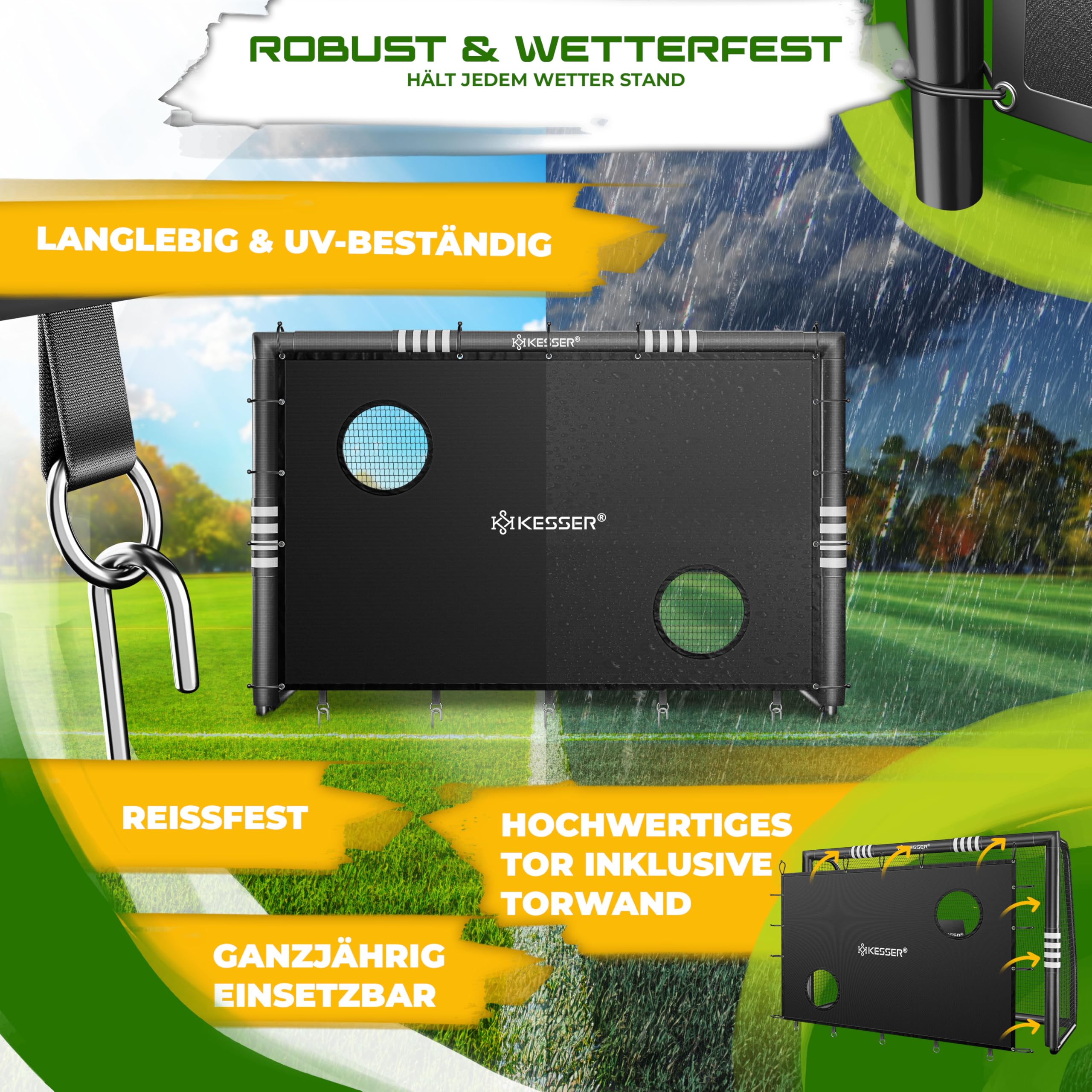 KESSER® Cache de Foot But de Football de Qualité Supérieure de 240 cm avec Mur de But, Filet d'Entraînement de Tir, Filet Résistant aux UV, Cadre en Acier avec Rembourrage, Crochet de Terre, Pompe