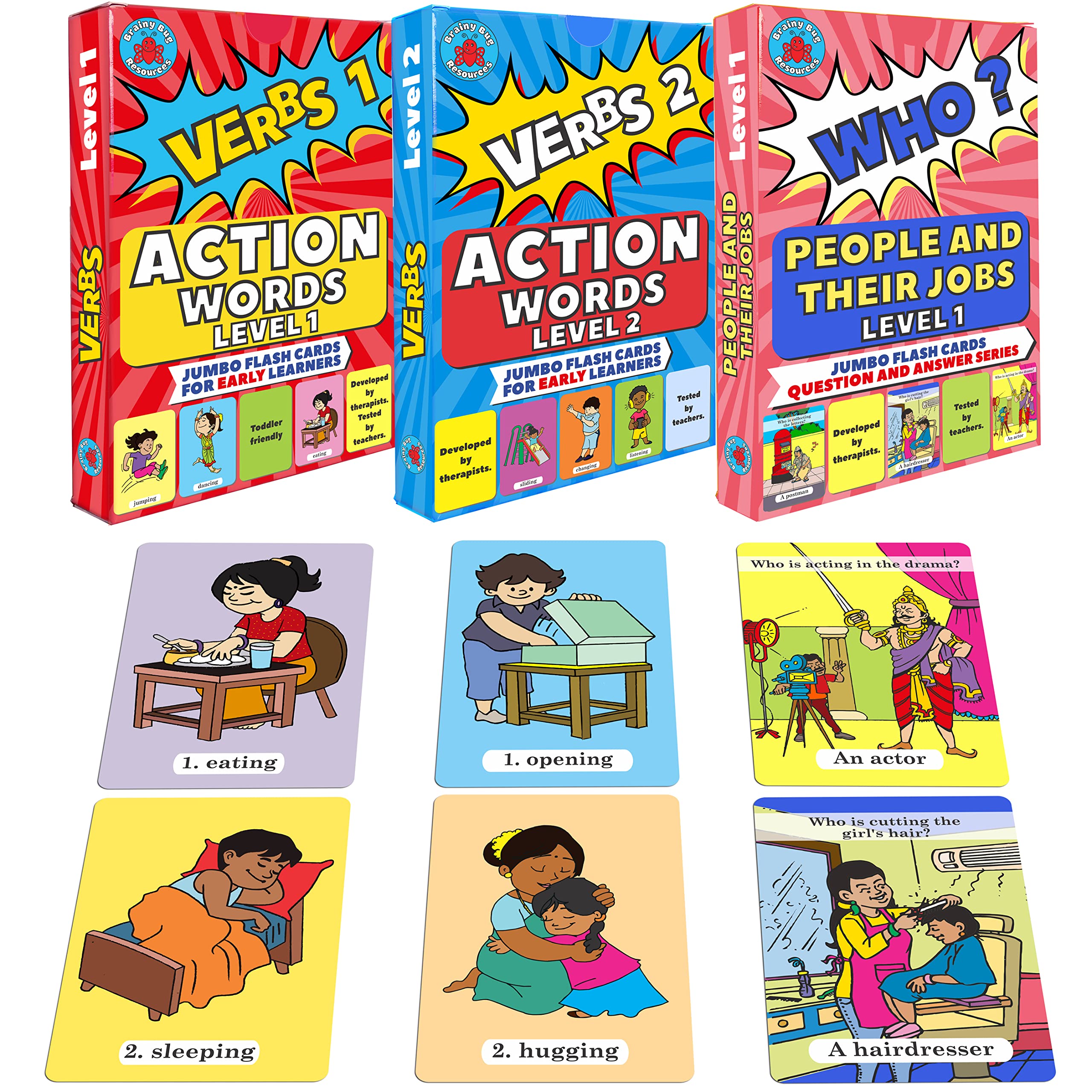 Language Learning Flashcards | 60 Action Words (Audio-Enabled via App) | 30 Answer ‘Who?’ Questions - Learn Important Jobs | Spoken English | Special Needs