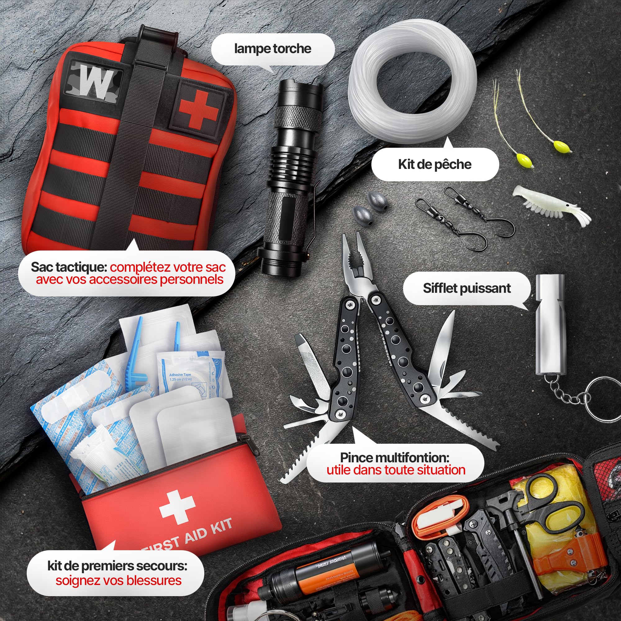 WONCROW ® Zestaw survivalowy + zestaw pierwszej pomocy, słomka z filtrem wody, wyposażenie outdoorowe, akcesoria na kemping, wędrówki, rower, do plecaka, apteczki, gadżety dla mężczyzn i dzieci