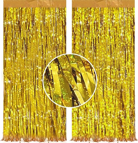 Paquete de 2 cortinas de oropel dorado brillante de 3.2 x 9.8 pies para fiesta, telón de fondo metálico con flecos para Halloween, Navidad,