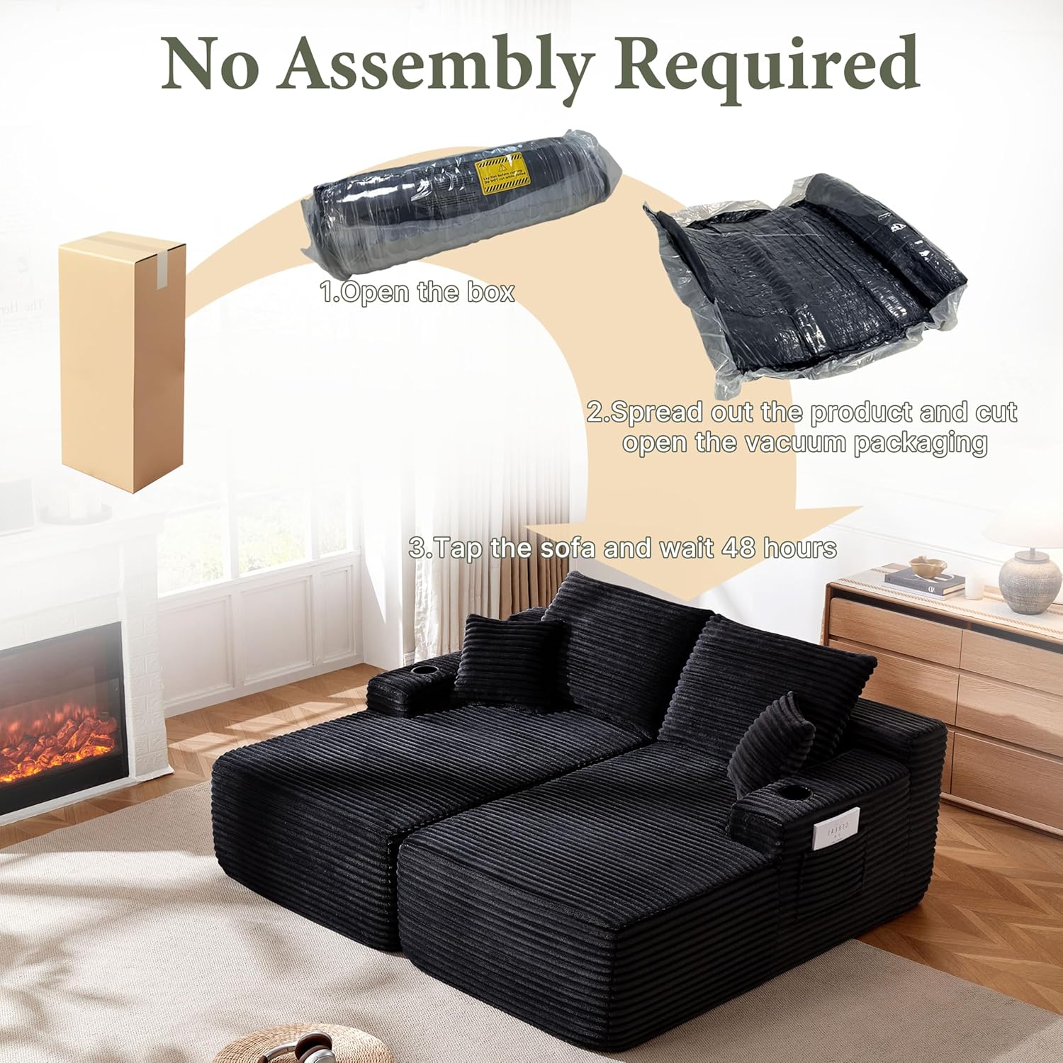 69" Upgraded Oversized Boneless Chaise Lounge Chair Indoor with cup holders and side storage pockets, Soft Plush Corduroy Modular Love seat Sofa, Deep Seat Sleeper Chairs for Living Room, Black.