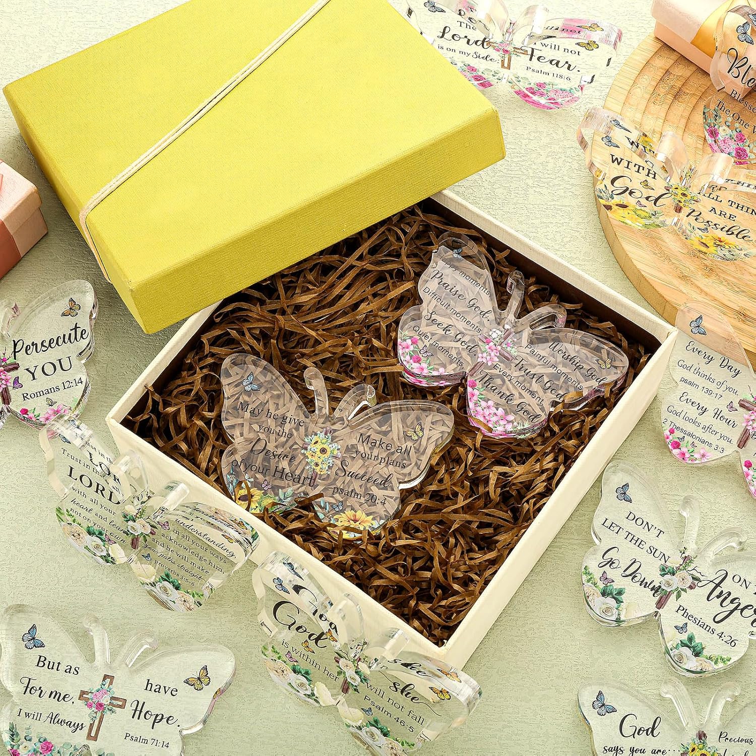 Pinkunn 12 Pcs Acrylic Christian Gifts for Women Mother's Day Inspirational Religious Gifts Butterfly Scripture Church Gift with Bible Verse and Prayers Keepsake Faith Paperweight Bulk for Church