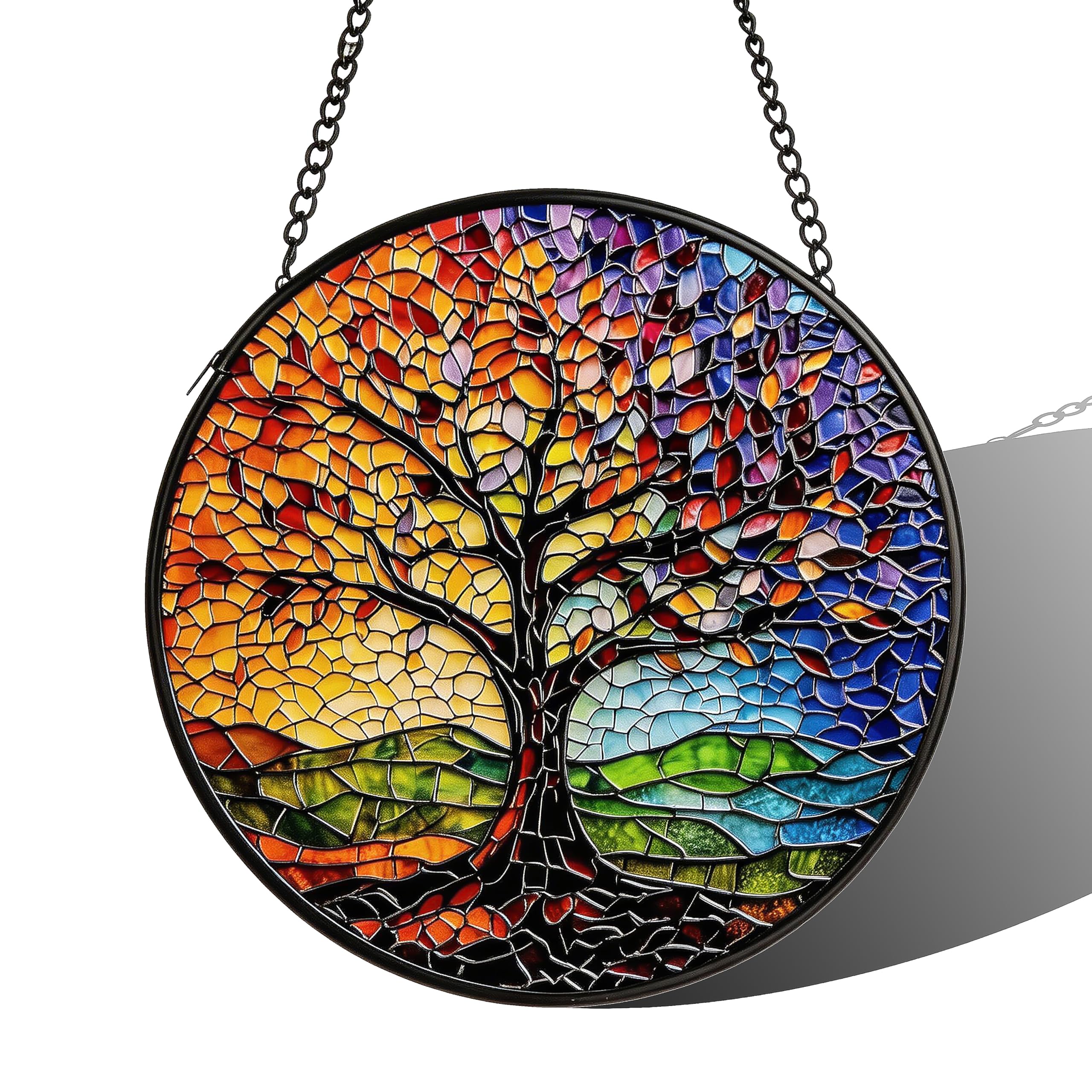 Stained Acrylic Puzzle Suncatcher,7.48in Colorful Tree of Life Whimsical Garden Decor
