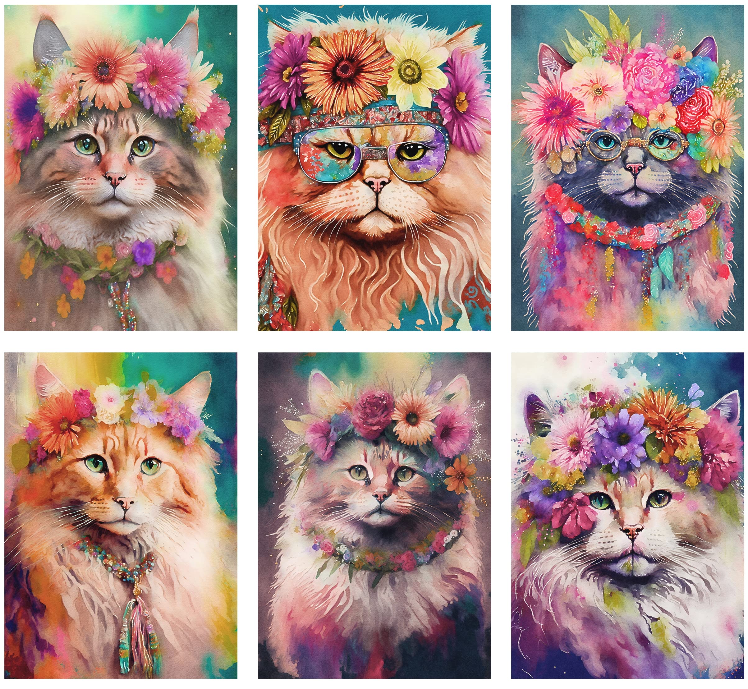 Chic Cottage Crafts Hippie Cats Card Making Kit Toppers/Craft Embellishment - Glossy Finish Pack of 6