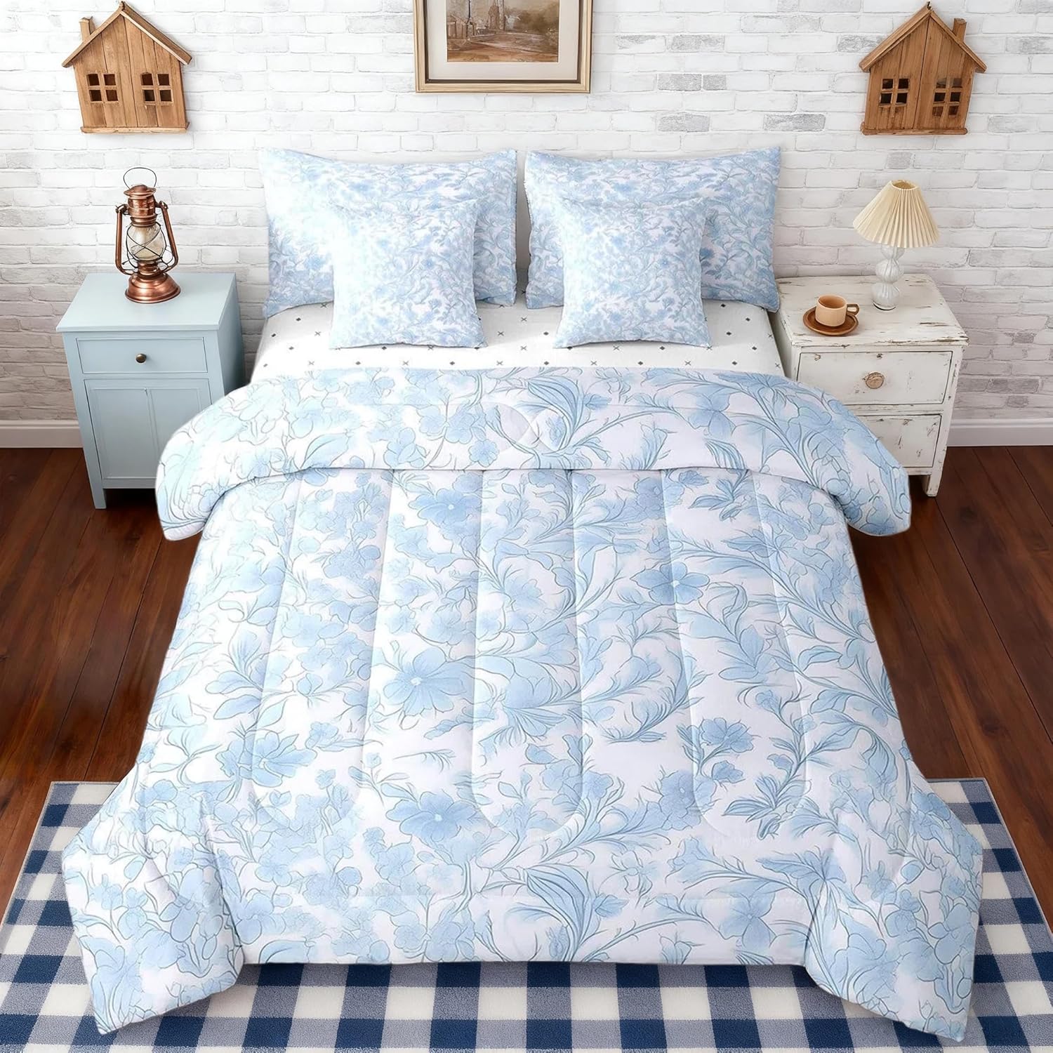 Feelyou Blue and White Porcelain Full Size - 7 Pieces Bed in a Bag Set Vintage Floral Bed in Set Porcelain Flower Bedding Sets with Comforter, Flat Sheet, Fitted Sheet, Pillowcases, Pillow Covers