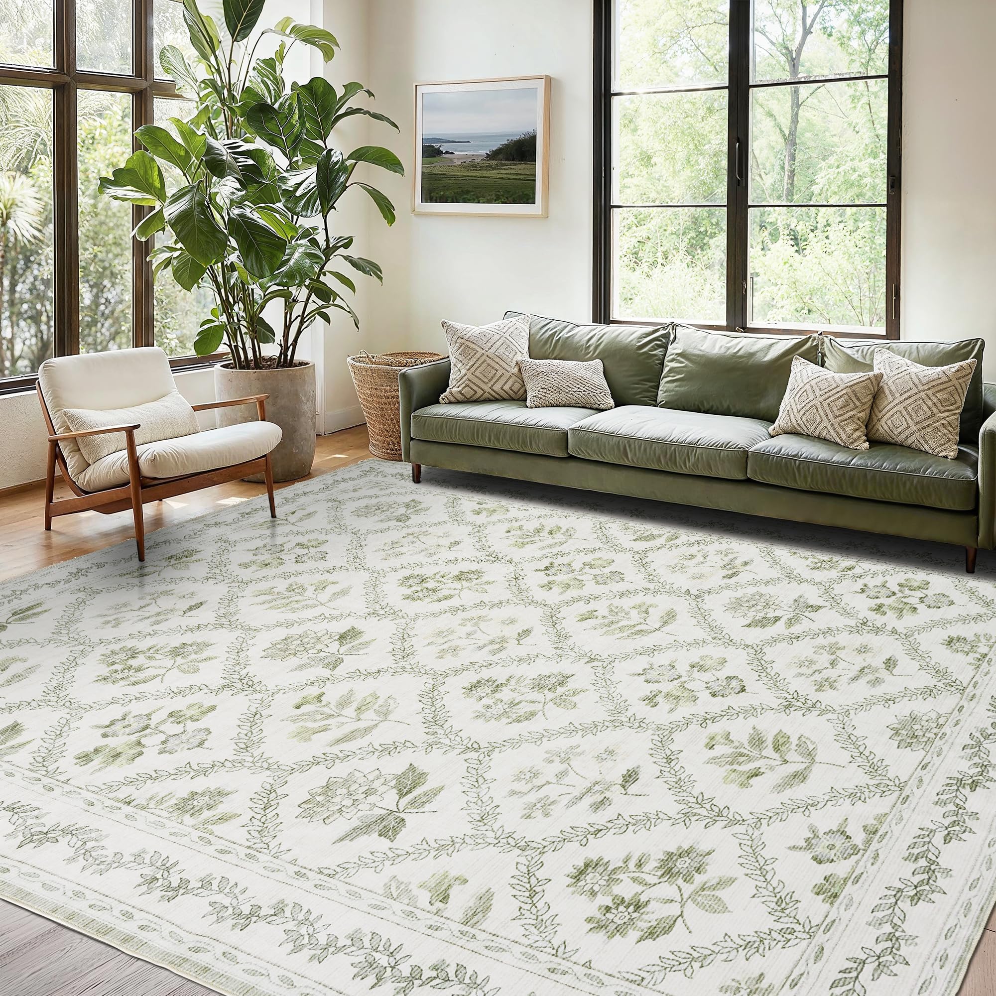 TWODRAPES Green and Beige Small Area Rug 4x6 for Living Room Machine Washable Area Rug for Indoor Kitchen Bedroom Low Pile Vintage Poppy Floral Print