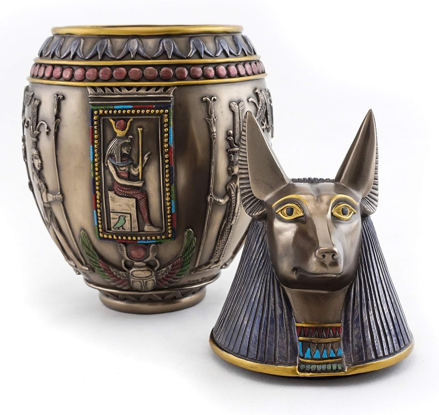 Top Collection Ancient Egyptian Replica Canopic Jar - Decorative Anubis Canopic Jar in Premium Cold-Cast Bronze with Color Accents - 10-Inch Collectible Ancient Egyptian Figurine