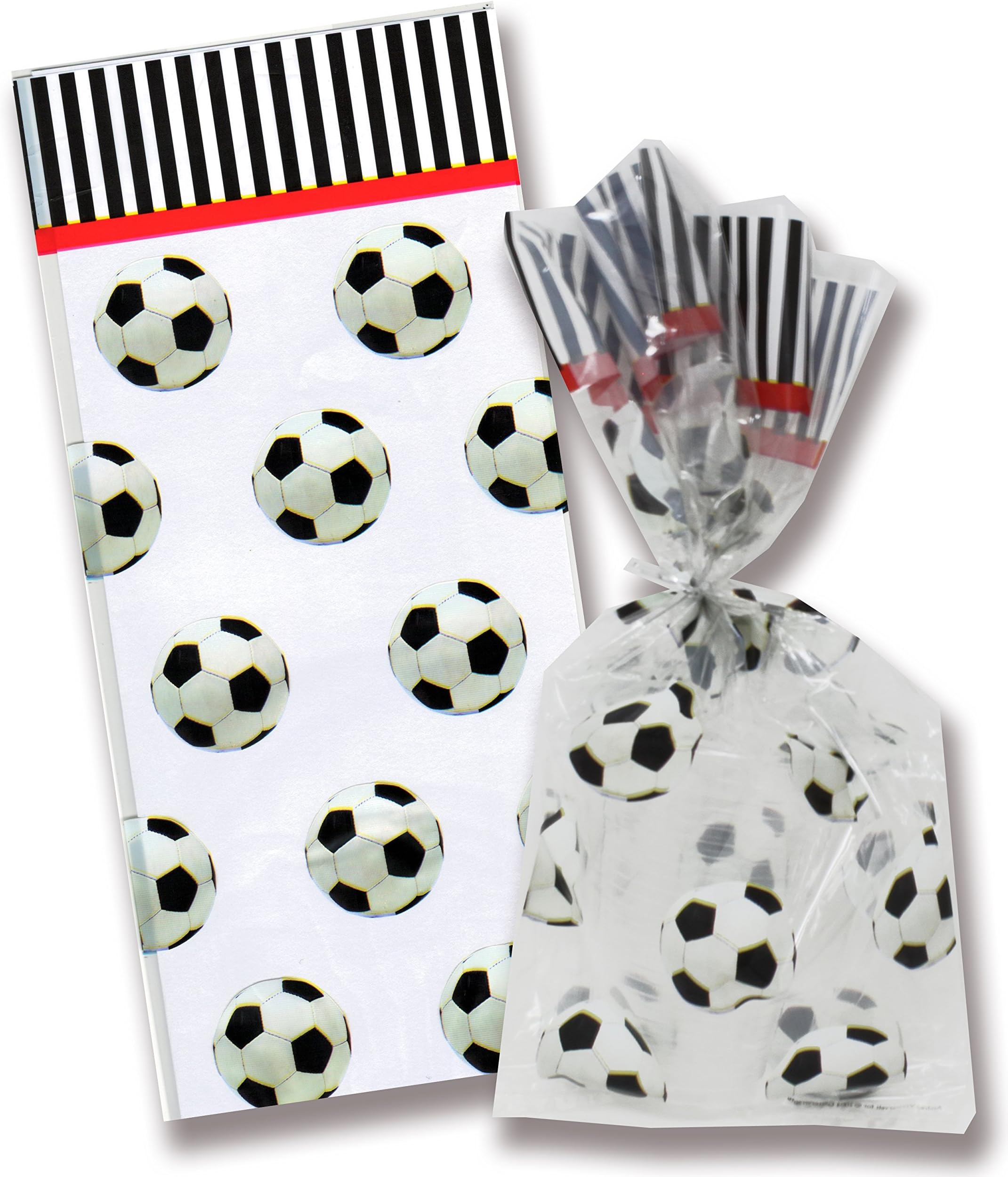 AoneFun Soccer Cellophane Party Favor Bags with Red Twist Ties - Sports Party Loot Bags - Treat Goody Bags - Treat Sacks - Set of 8 Bags