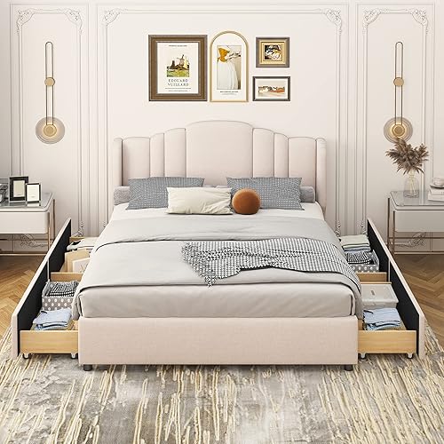 Miniatura 9 de Elegante cama tapizada de tamaño Queen con 2 cajones y 1 nido individual XL cama de almacenamiento de tela de lino con listones de madera para