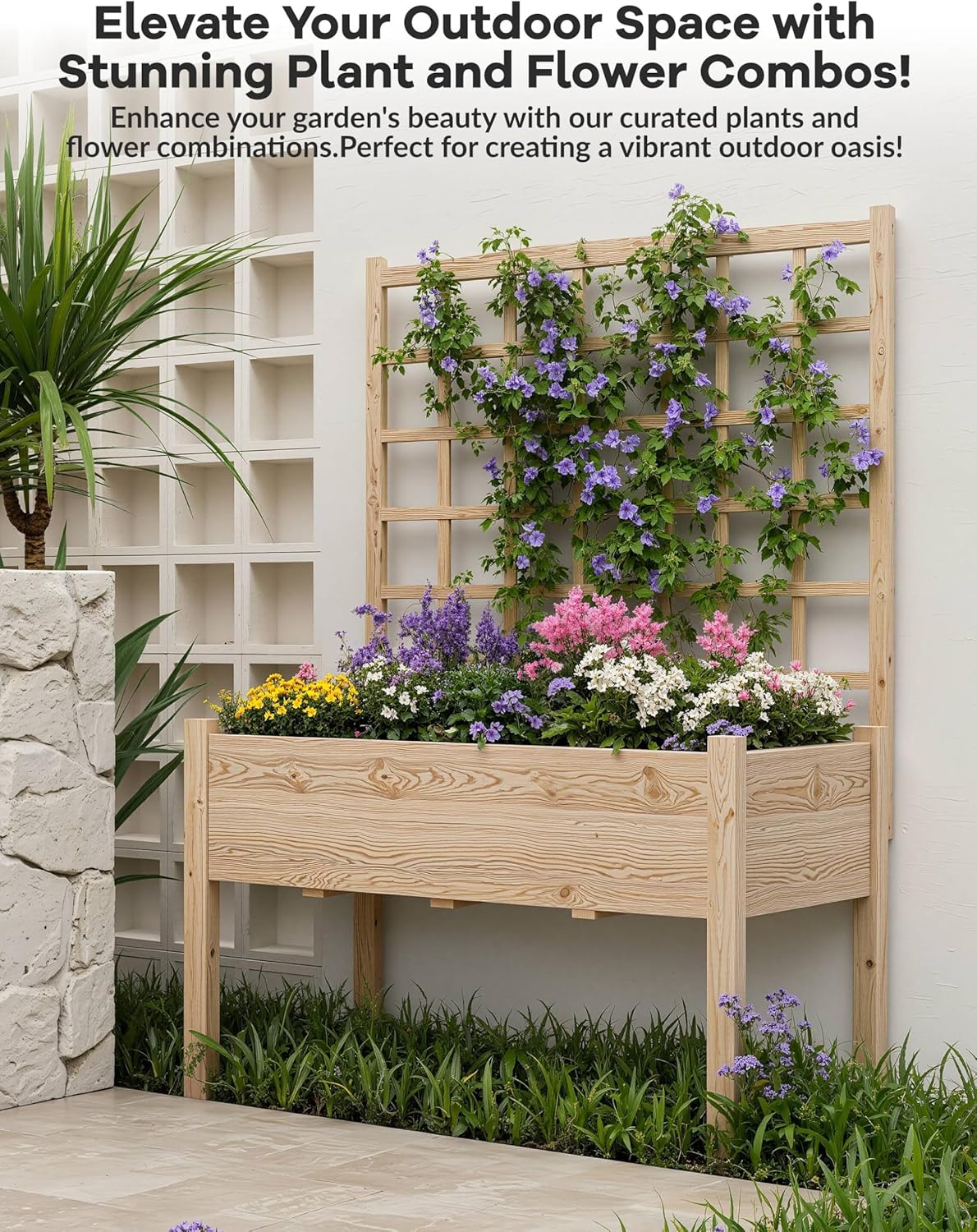Tall Wooden Garden Planter with Trellis and Stand, Elevated Raised Bed with Liner, Planter Box for Vegetables, Herbs, Flowers, Outdoor Patio Balcony, Backyard(46 L x 23 W x 65" H)