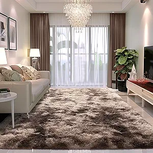 8x10 Shag Area Rug - Fluffy Fuzzy Nursery Kids Girls Room Rug - Soft Plush Furry Bedside Carpet- Tie-Dyed Brown