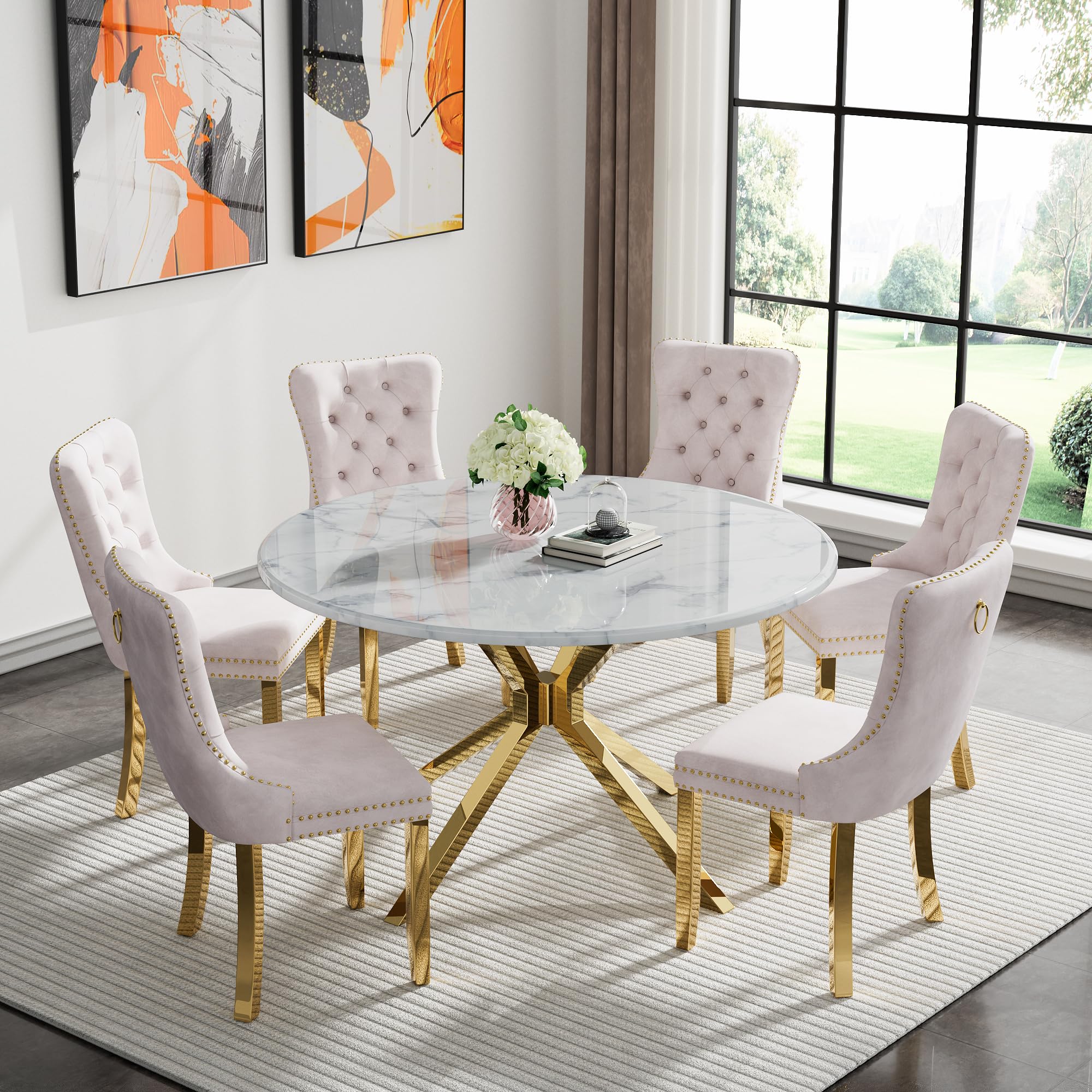 Maxtude 7 Piece Round Dining Table Set, 45" Faux Marble Dining Table with 6 Beige Velvet Dining Chairs, White&Gold Circle Kitchen Table Set with