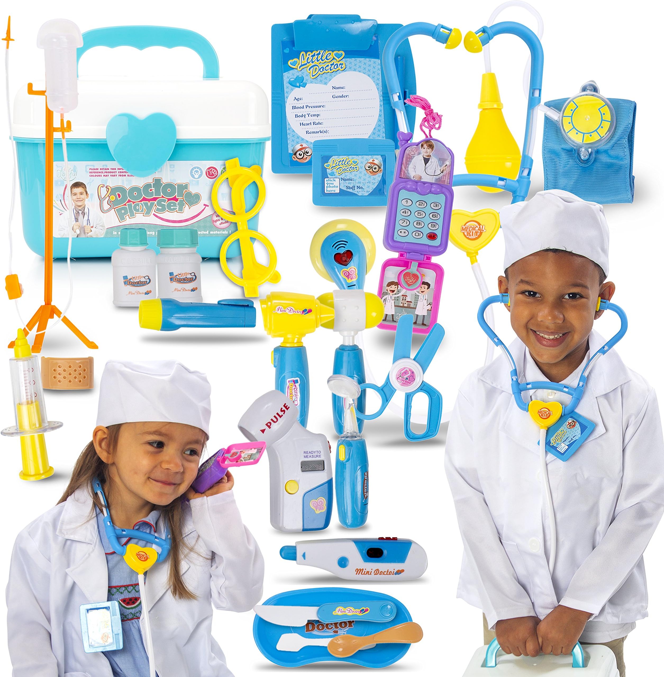 Joyful Premium Doctor Play Set with Lab Coat, Phone and 20 Pieces of Doctor Pretend Tools. Realistic, Safe & Fun Doctor Role Play Educational Toy to Develop Kids Imagination, Cognitive and Fine Skills