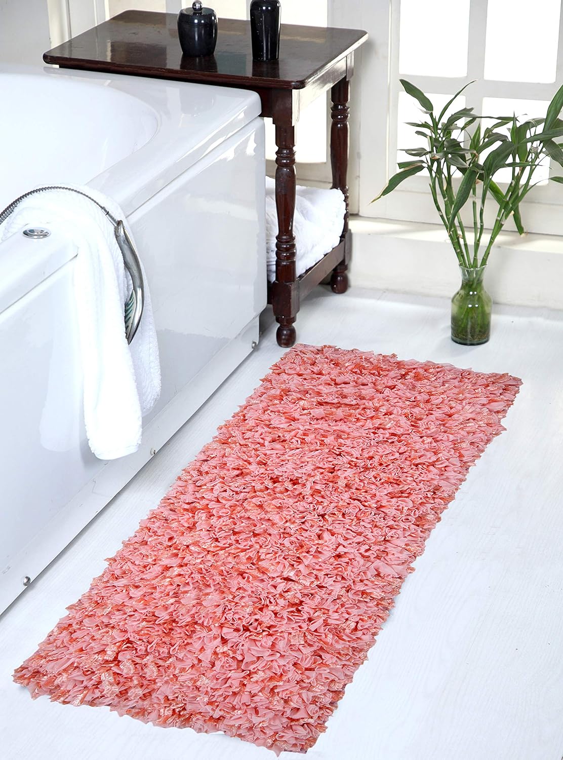 Lycra Shaggy Accent Rug Paper Chindi Hand Loom Bathroom Kitchen Laundry Bath Floor Tufted Mat and Runner (20" x 60", Pink)