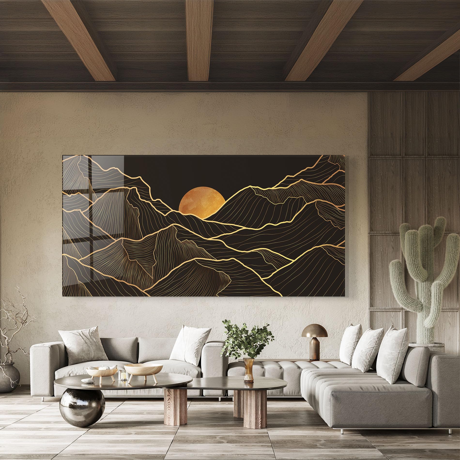 ARTHUB® Moderne impression sur verre 60x150 cm, 4mm verre trempé | Tableau en verre salon et chambre, Décoration murale moderne, Décoration intérieure, paysages, Black Gold Mountains