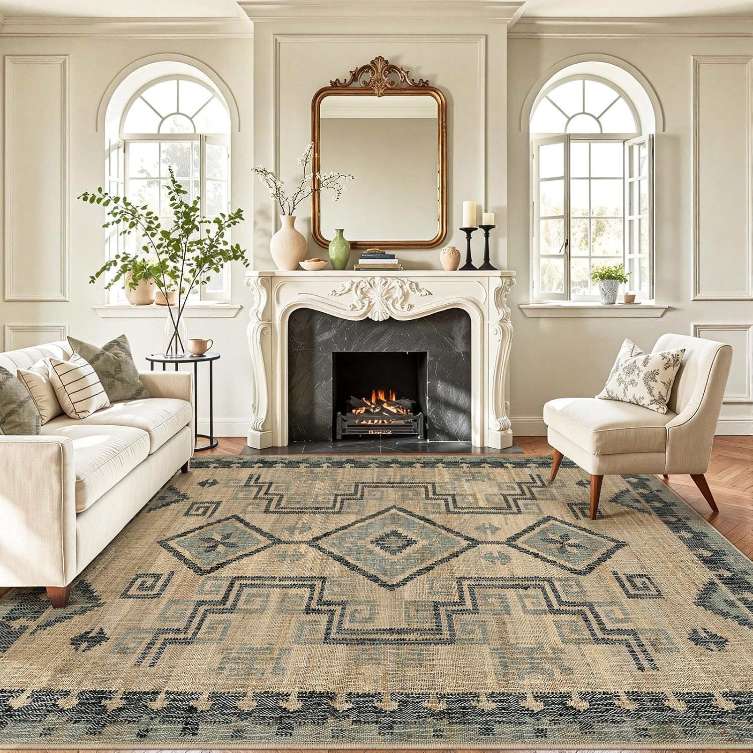 LUMI 5x8 Washable Area Rug, Non-Slip Brown Geometric Carpet, Ultra-Soft Foldable Vintage Traditional Rug for Living Room, Bedroom, and Dining Room, Home Décor