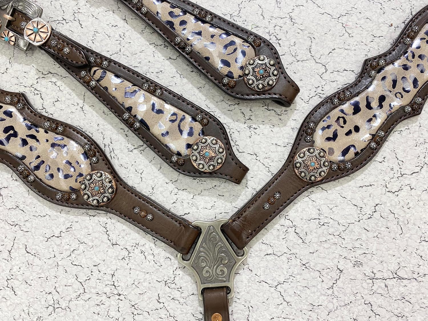 Western One Ear Headstall Bridle Breast Collar Set - Leopard Design - Argentina Cow Leather
