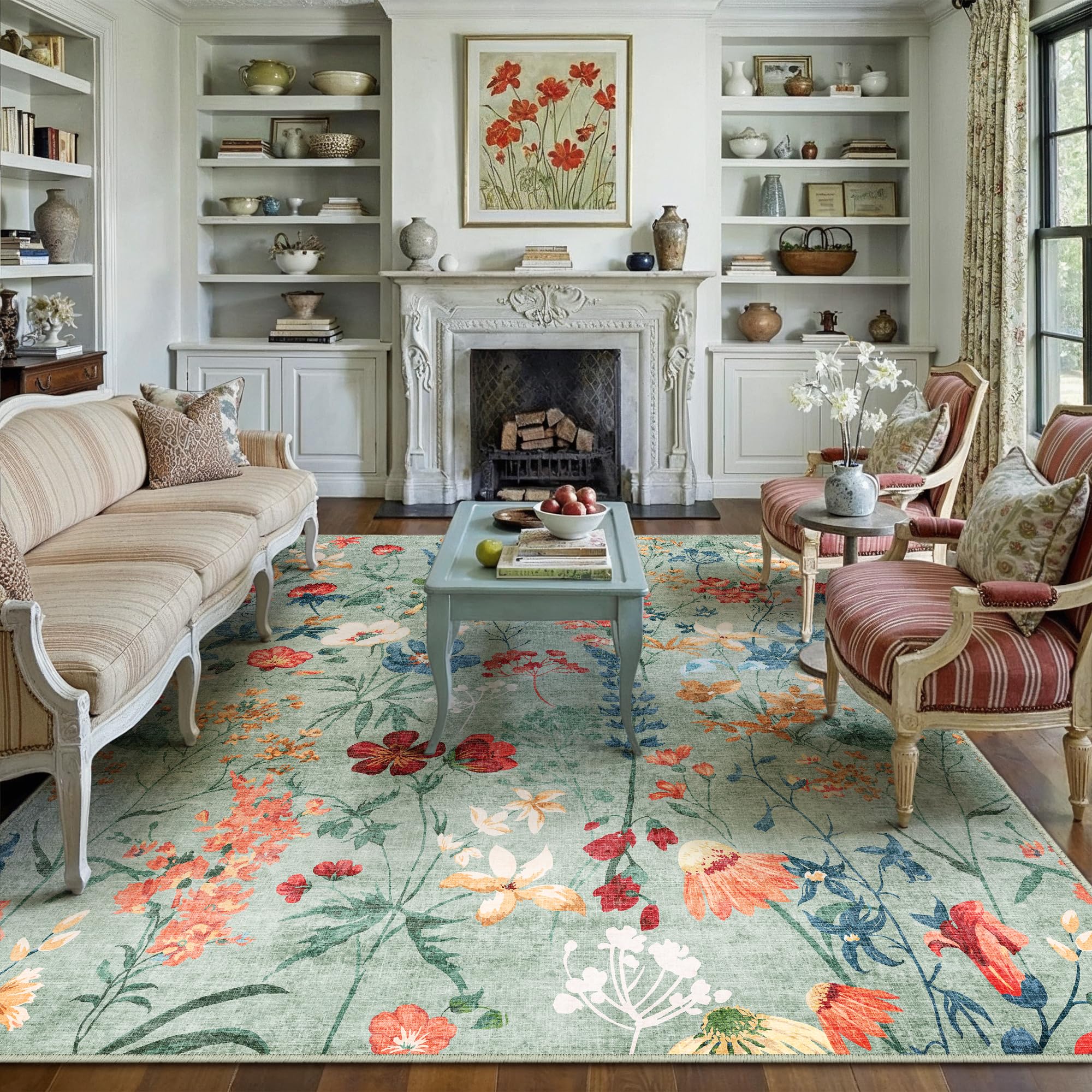 Photo 1 of PureCozy Green Area Rug 8x10 Floral Washable Living Room Kitchen Boho Carpet Non Slip Low Pile Indoor Accent Lightweight Soft Throw Rug for Bedroom Office Dining Room Nursery Farmhouse