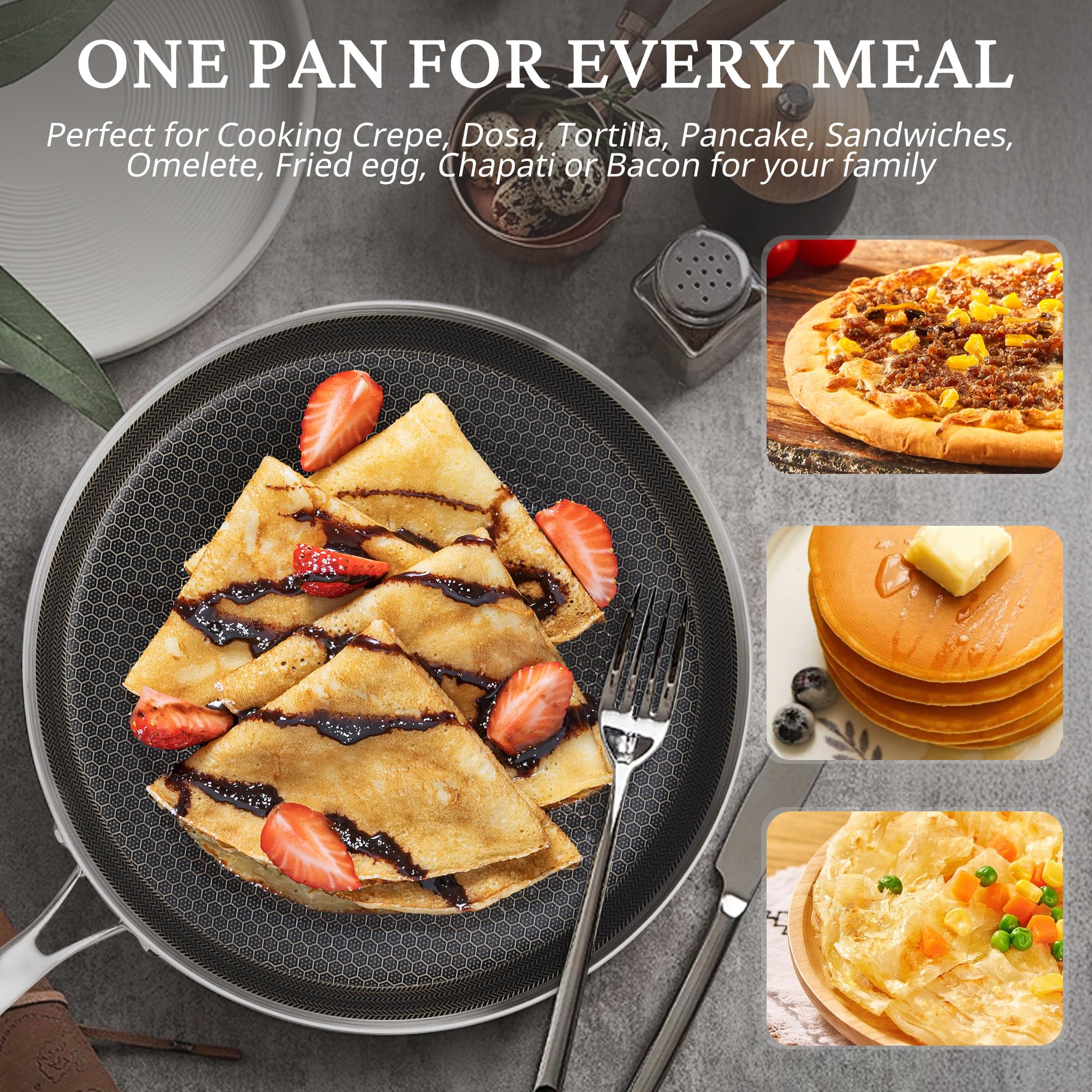 KOKHUB Dosa Tawa - Padella per crepe in acciaio inox, 28 cm, antiaderente, per piano cottura a induzione, elettrico e a gas, padella piatta, padella Chapati, Roti Tawa, colore: nero