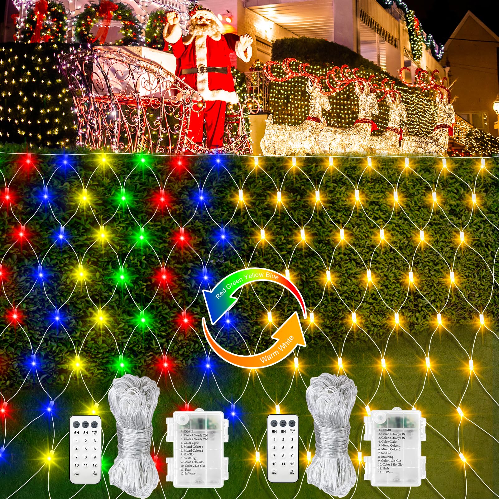 2 Pack Battery Operated Christmas Net Lights, 1.5m x 1.5m 100 LED Color Changing Fairy Lights with Remote Timer Clear Cable Mesh Light for Christmas Tree Garden Backyard Décor(Warm White & Multicolor)