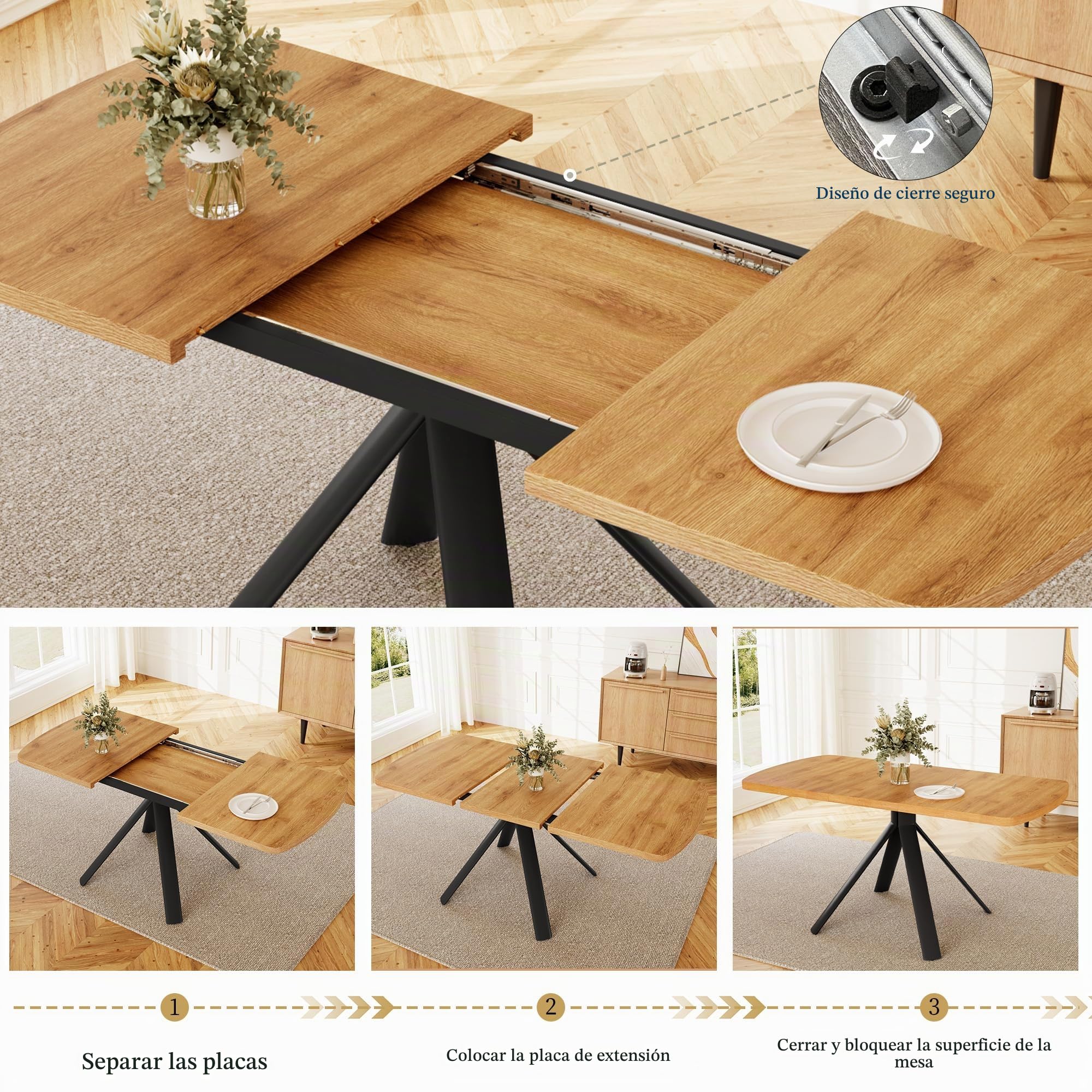 JIEXI Mesa de comedor extensible de 4 a 6 plazas, mesa de comedor de cocina de 120 a 160 cm, parte superior expandible con efecto de madera, marco de metal negro para el hogar, sala de estar