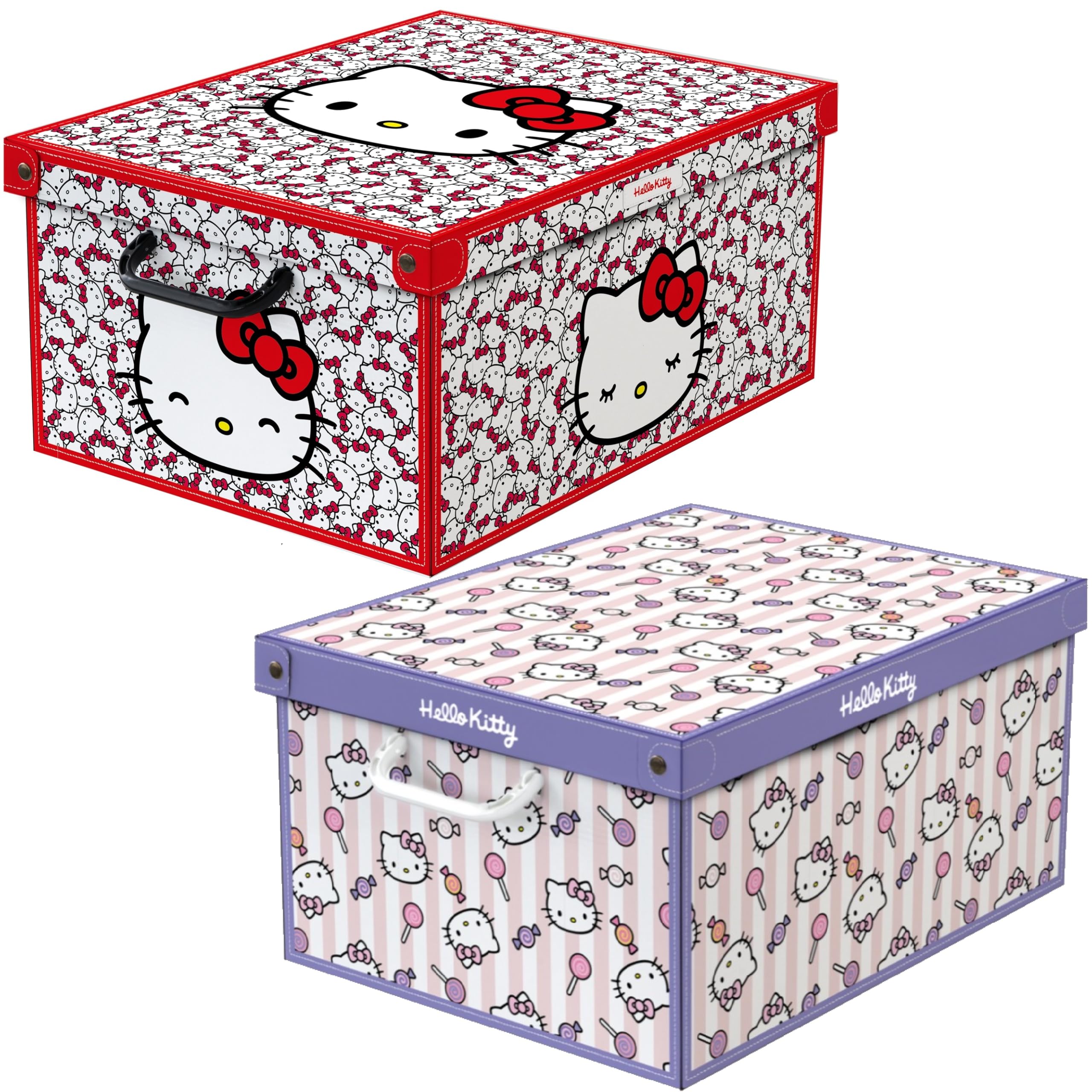 Lavatelli – Set de 2 Cajas de Almacenaje Hello Kitty de Cartón con Tapa, Organizadores para Ropa, Ropa de Cama y Juguetes, para Armario y Cambio de Temporada, 50x39x24 cm, 1 Roja y 1 Lila