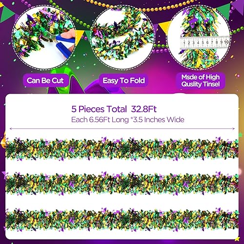 Miniatura 2 de 5 guirnaldas de oropel metálicas brillantes mixtas  morado, verde, dorado  32.8 pies para Mardi Gras, Navidad, fiestas de carnaval