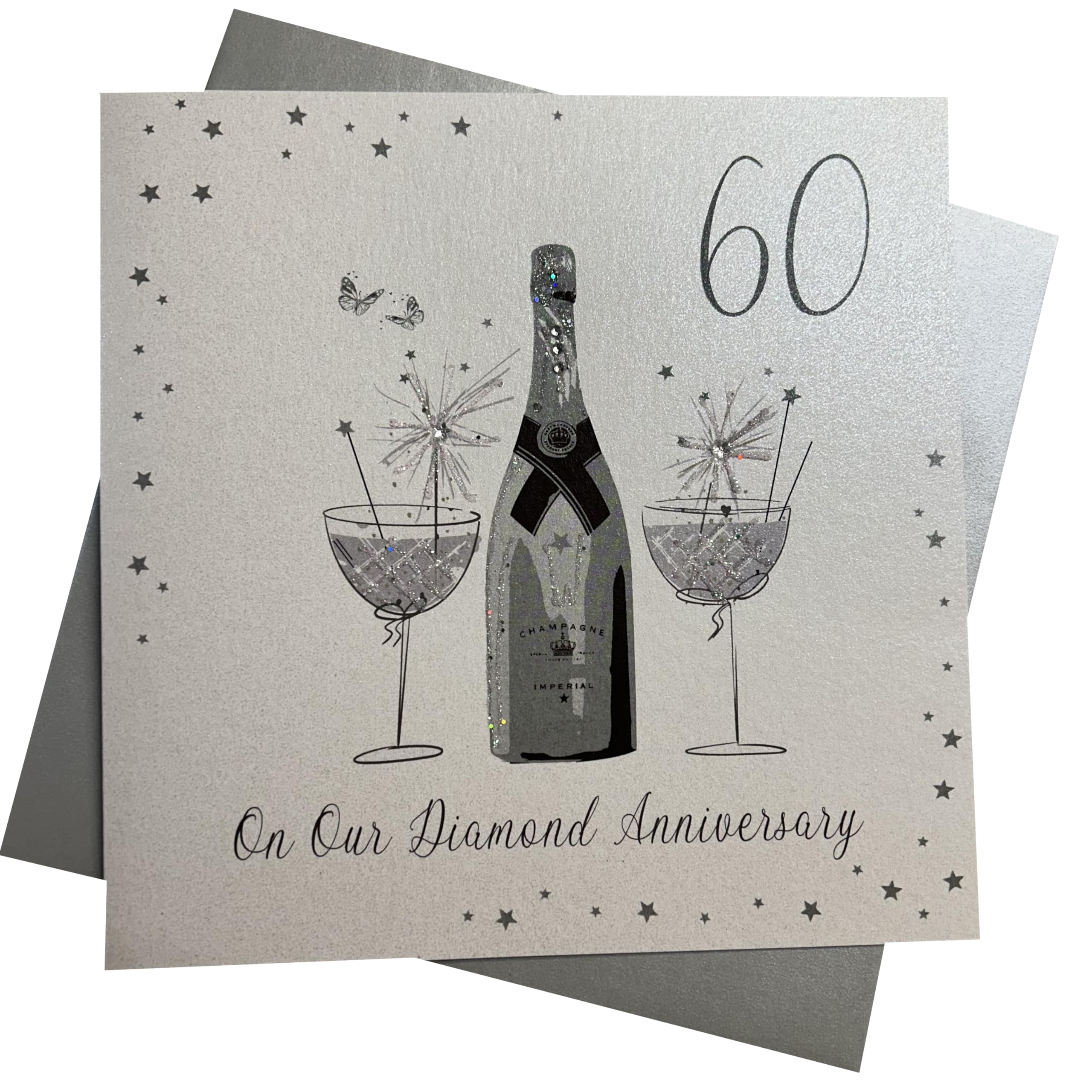 WHITE COTTON CARDS "On Diamantes en Nuestro Aniversario de Boda, diseño de 60 Aniversario Tarjeta Grande, Color Blanco