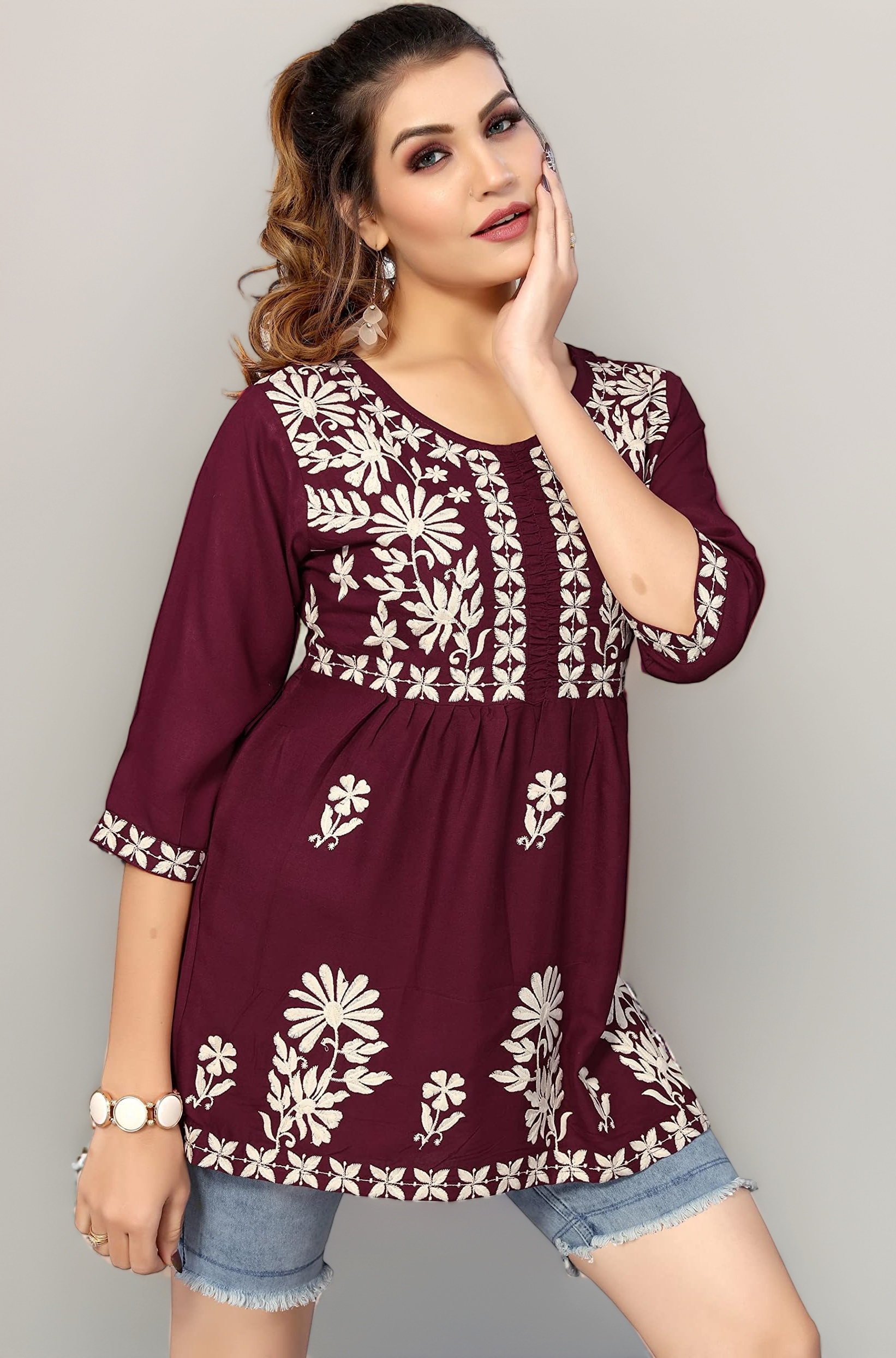 Bee M Pee Designer Short Kurti Tops for Jeans for Women I Chikankari Rayon Cotton Long Kurta Kurti for Women I Stylish wear Kurti top for Girls