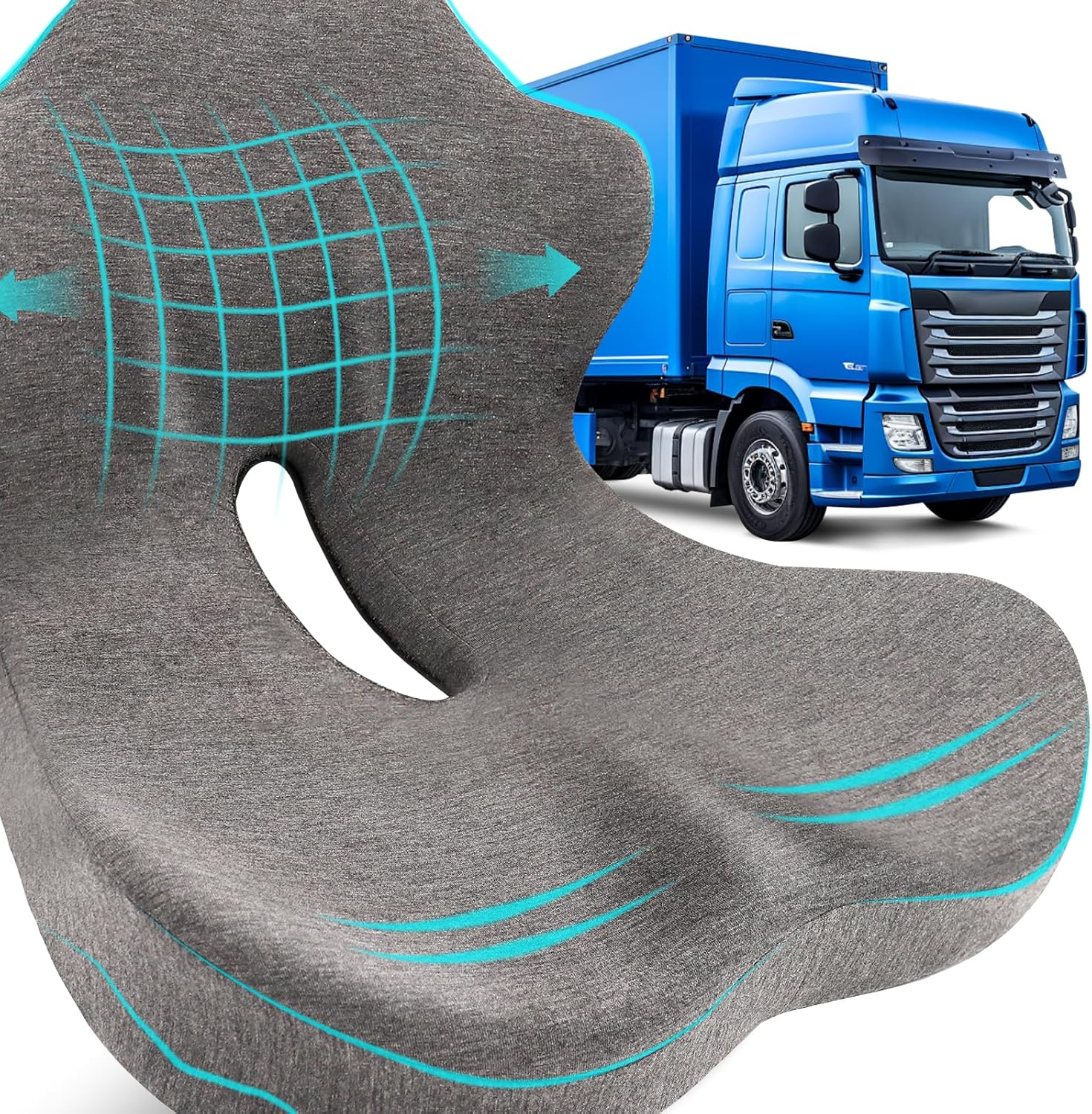 Seat Cushion, Memory Foam Truck Seat Cushion, L-Shaped Ergonomic Design Chair Cushion with Lumbar Support for Back Pressure Relief, for Long Sitting Office Worker and Truck Drivers