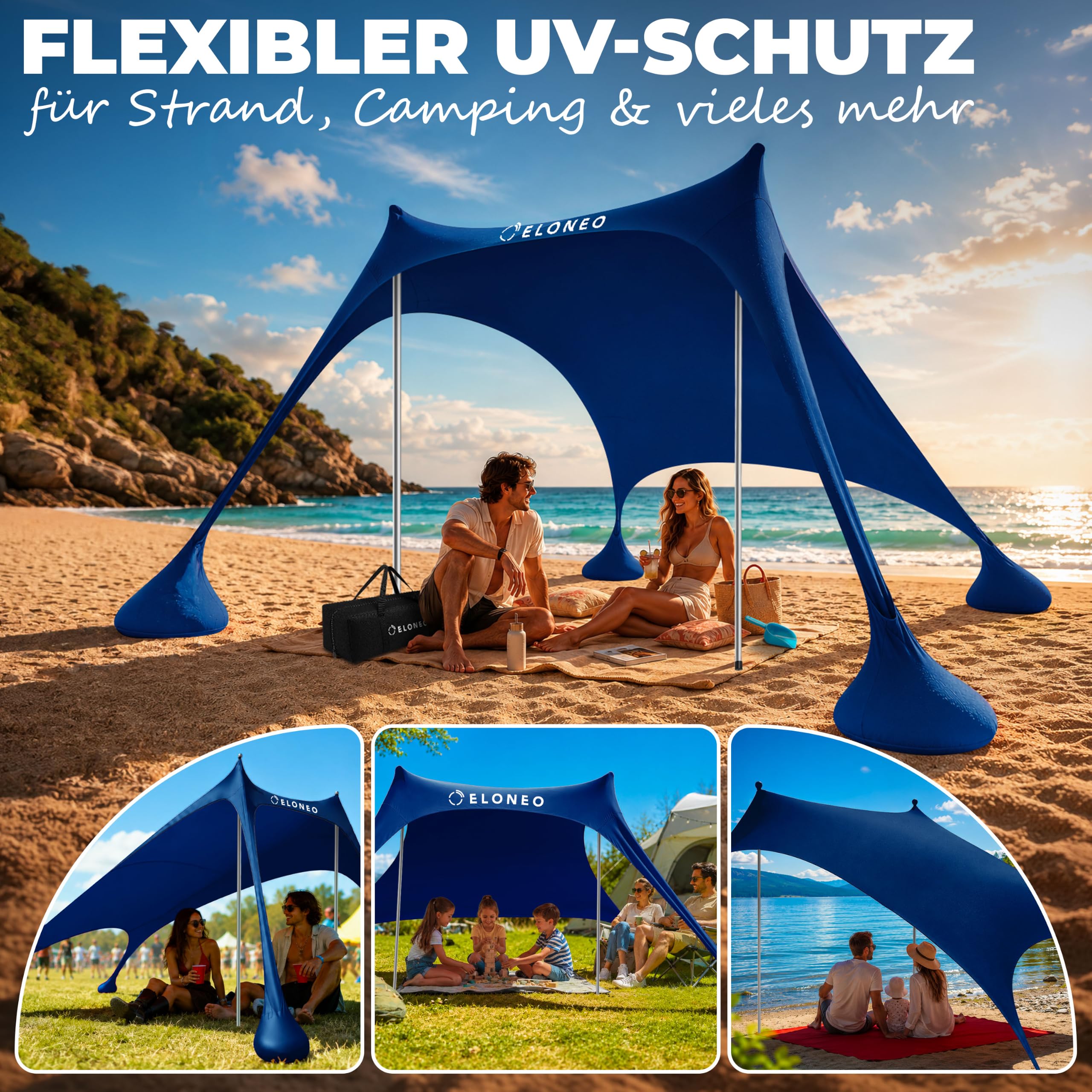 ELONEO Strandzelt, Sonnensegel Strand 200x170x150 cm, LSF 50+, Sonnenschutz für Strand mit Sandschaufel, Heringen und Stabilitätsstangen, Navy