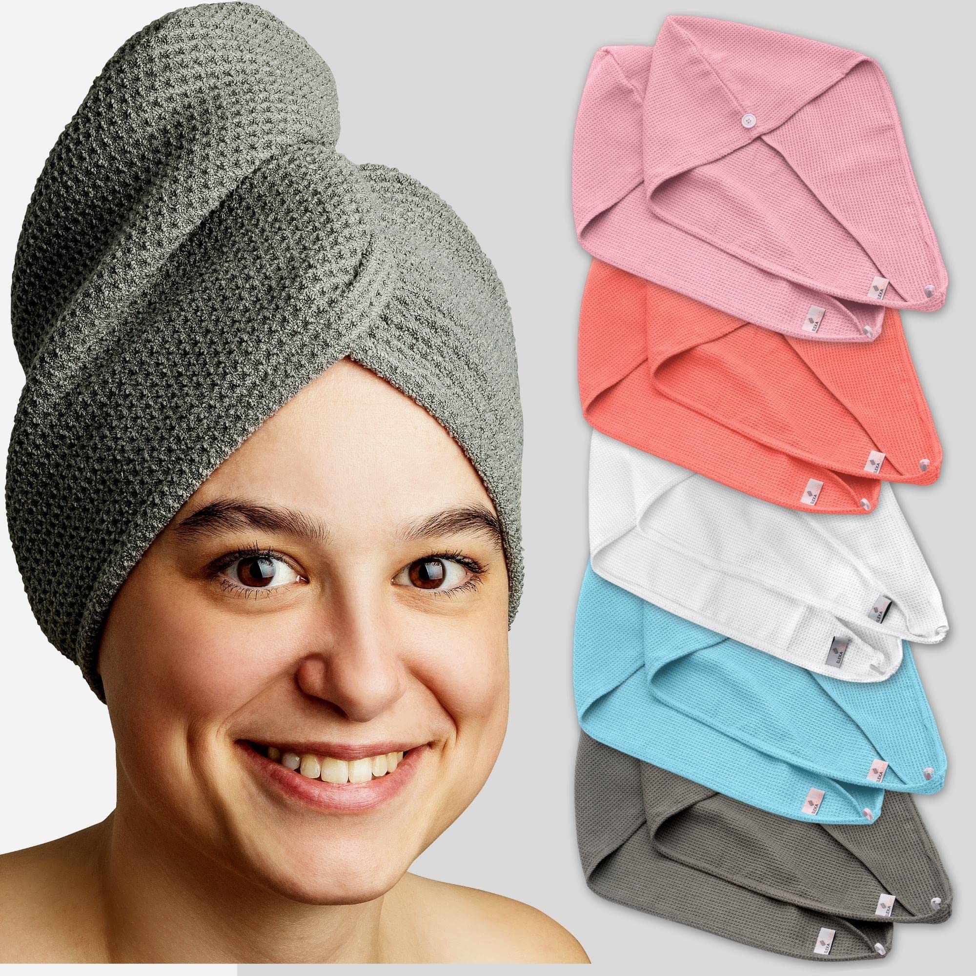 Turbante asciugacapelli, asciugacapelli in turbante con bottone (2 pezzi, bianco alpino), asciugamano in microfibra per testa e capelli lunghi