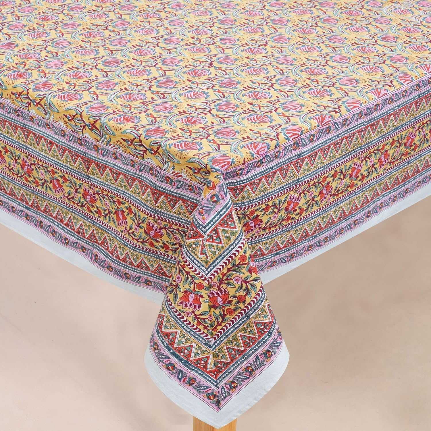 Handblock Print Cotton Tablecloth – 70×130 Rectangular Table Cover Seats 8-10 – Indian Block Printed Floral Dining Table Linen – Boho Washable Cloth for Kitchen, Party, Outdoor, Yellow