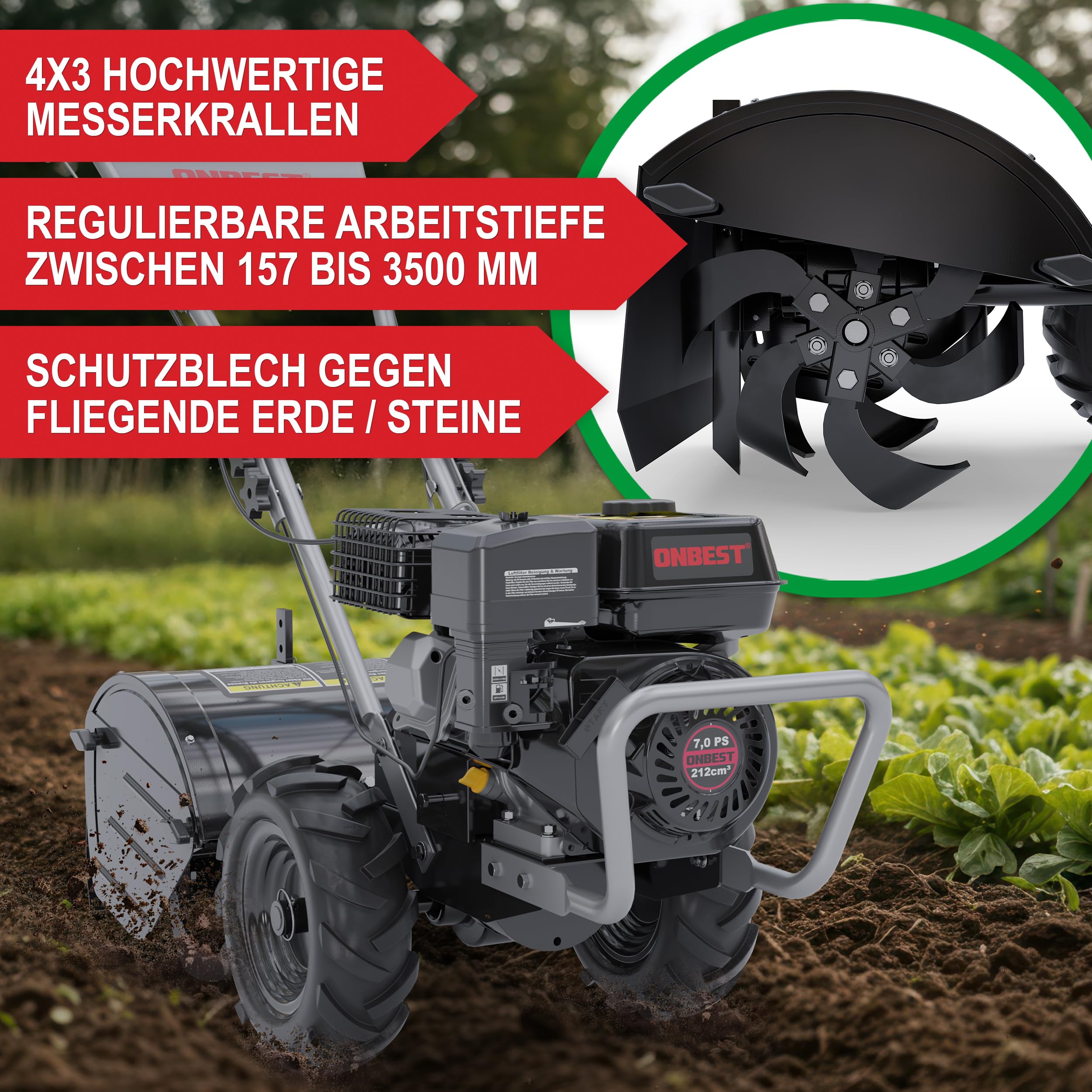ONBEST Gartenfräse Benzin 7 PS – 48 cm Arbeitsbreite, 12 Messer | 4-Takt Motor, 4,1 kW, 175–350 mm Arbeitstiefe – Gartenhacke und Kultivator für Bodenbearbeitung im Garten