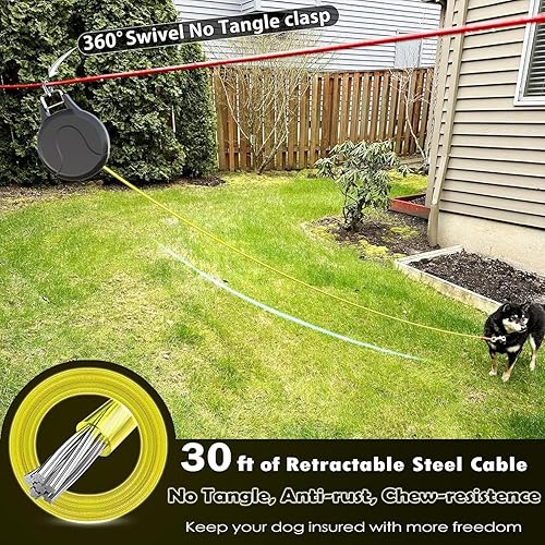Miniatura 7 de 30ft Dog Tie Out Cable and Retractable Dog Leash, 2-in-1 Lead for Zipline, Aerial Run Cable Trolley Or Anchor, No Tangle Retractable Tie Out Reel