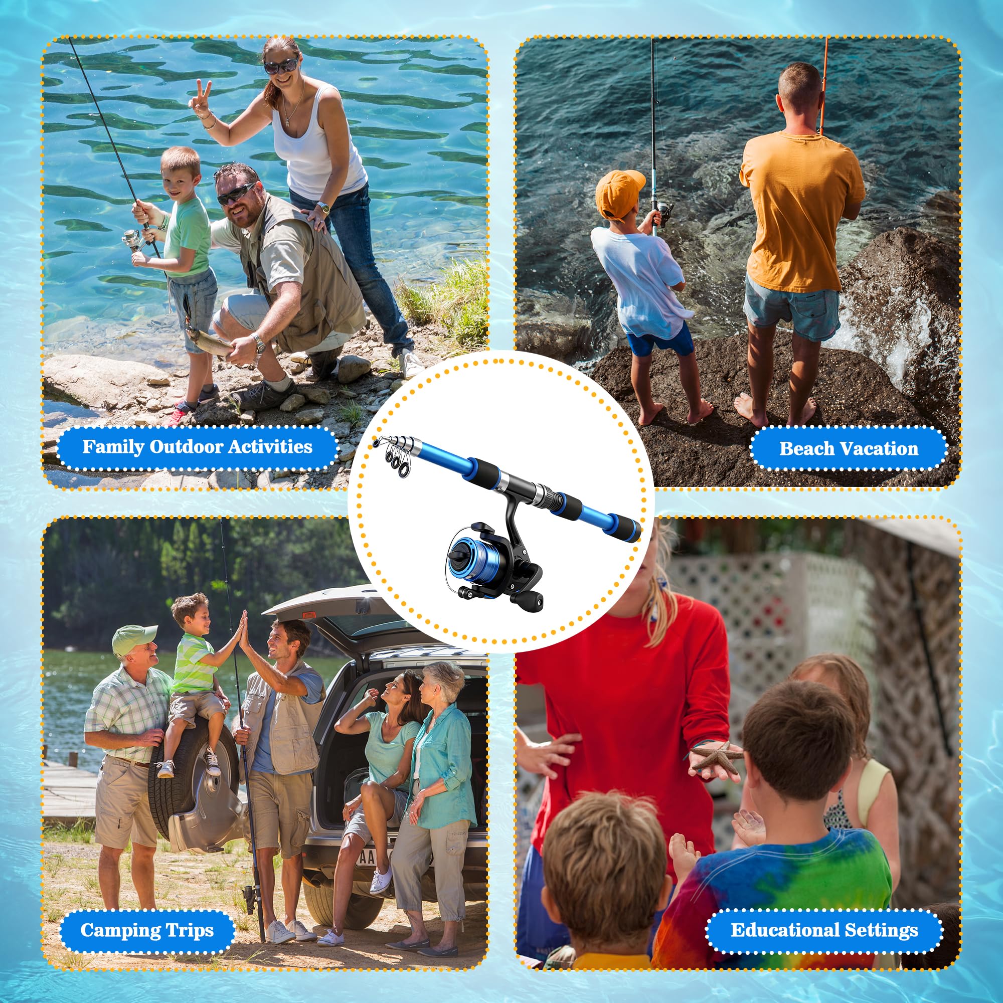 Canne a Peche Enfant, Kit de Canne a Peche Telescopique et Moulinet Portable, Canne à Pêche avec Leurres Souples, Fil, Hameçons et Sac de Rangement, Jouet Exterieur Enfant pour Débutants