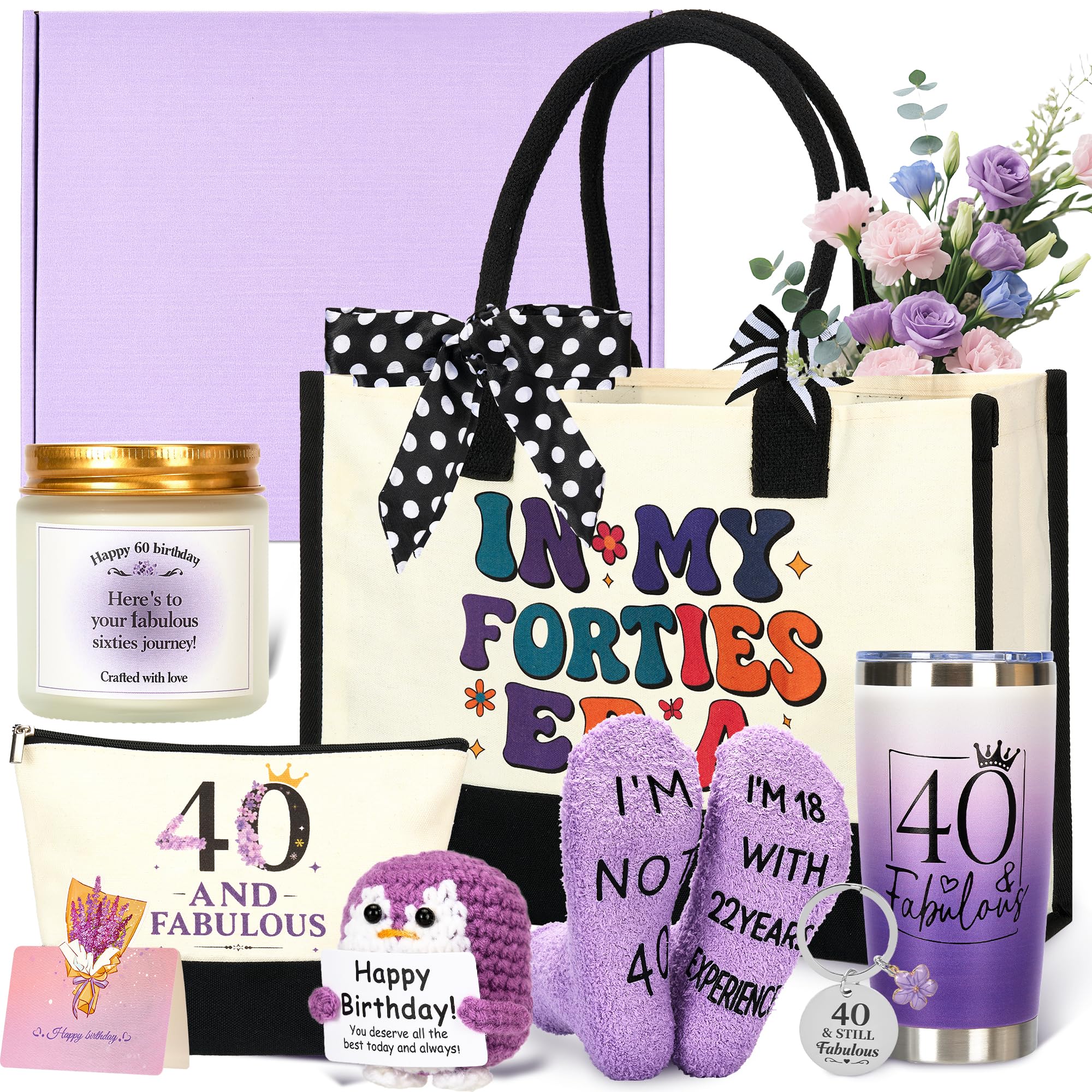 Rilcn 40th Birthday Gift Set for Women, Funny 40 & Fabulous Gifts for Her, Canvas Tote Bag with Tumbler, Happy 40th Birthday Gifts for Mom Sister Friend