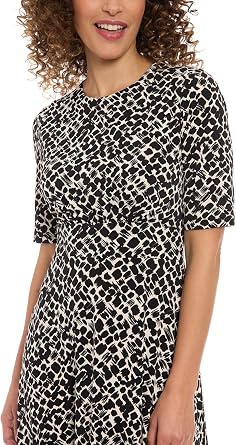 London Times Women's Women's Geometric Print Fit and Flare Midi Dress - Elbow Sleeve Round Neck - Elegant Wedding Guest Attire