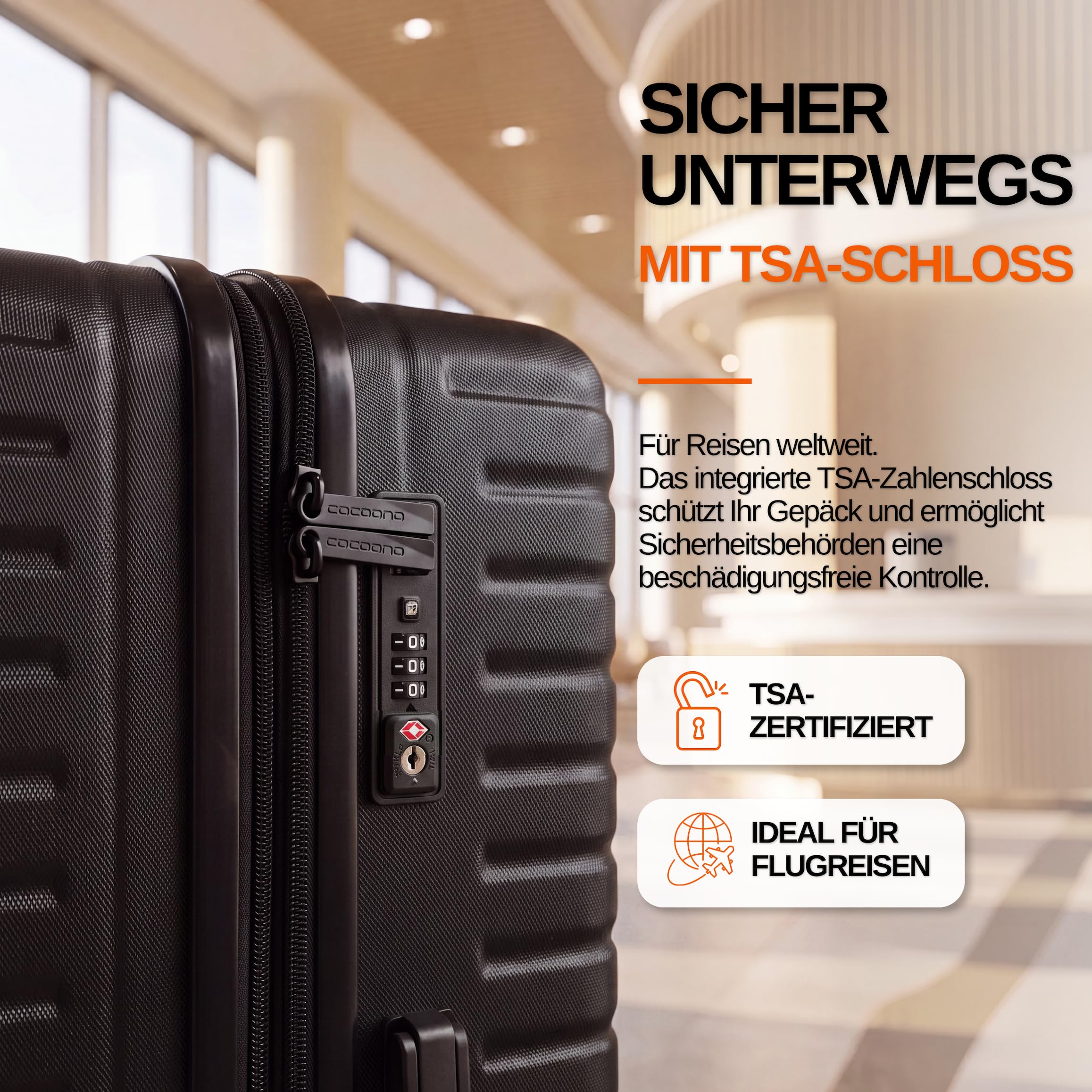 Cocoono Hartschalenkoffer XL Groß - 100L Volumen erweiterbar auf 117L - 158cm Gurtmaß - 8 Rollen 360° drehbar - Leichter Koffer mit TSA Schloss & Teleskopgestänge - Reisekoffer (Schwarz, XL)