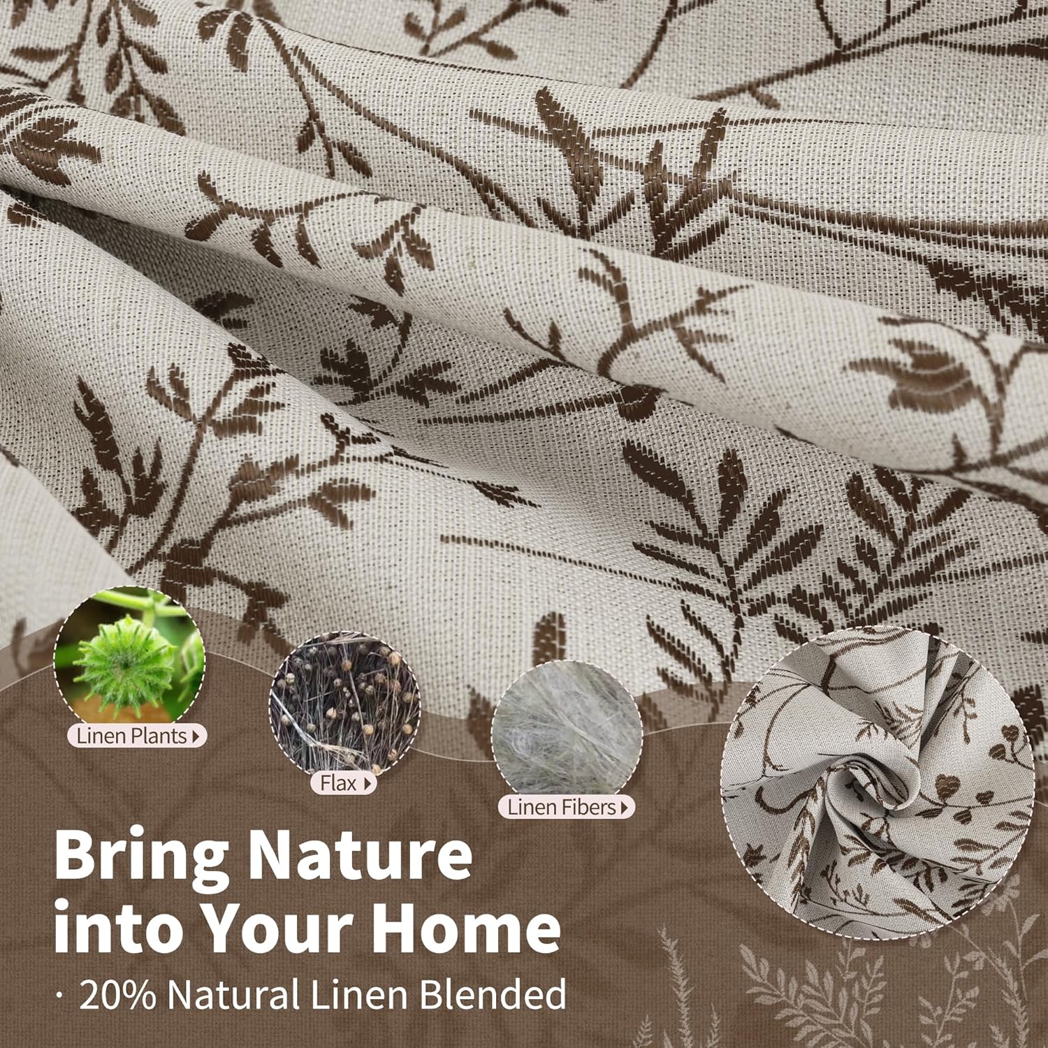 BGment Brown Fall Curtains for Living Room - Linen Jacquard Leaf Floral Botanical Branch Vintage Cottage Core Light Filtering French Country Scandi Style Decor Window Drapes, 2 Panels, 52 x 84 Inch