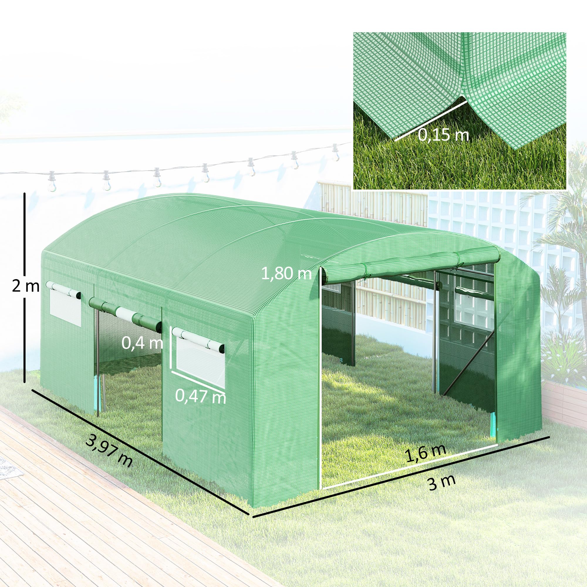 Outsunny 4 x 3 x 2m Serra a tunnel e serra tunnel Verde | Finestre a rete, tenda serra tunnel giardino, copertura PE resistente ai raggi UV, telaio in acciaio galvanizzato