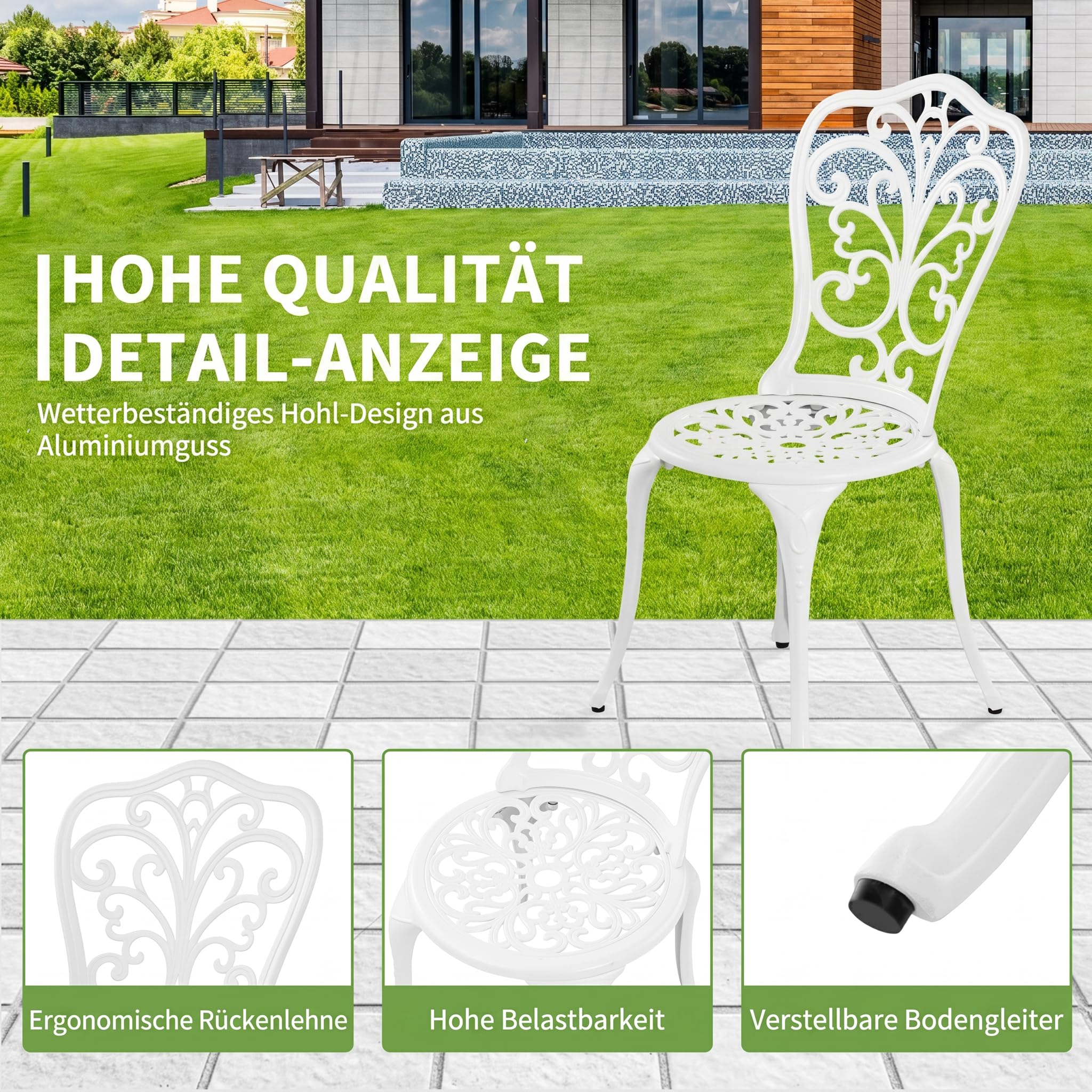 Outdoor Bistro Set 3-teiliges Gartenbistro-Set, Gusseisen-Bistrotisch mit 2 Stühlen, Kleiner Terrassentisch für Balkon, Schwarz (Weiß)