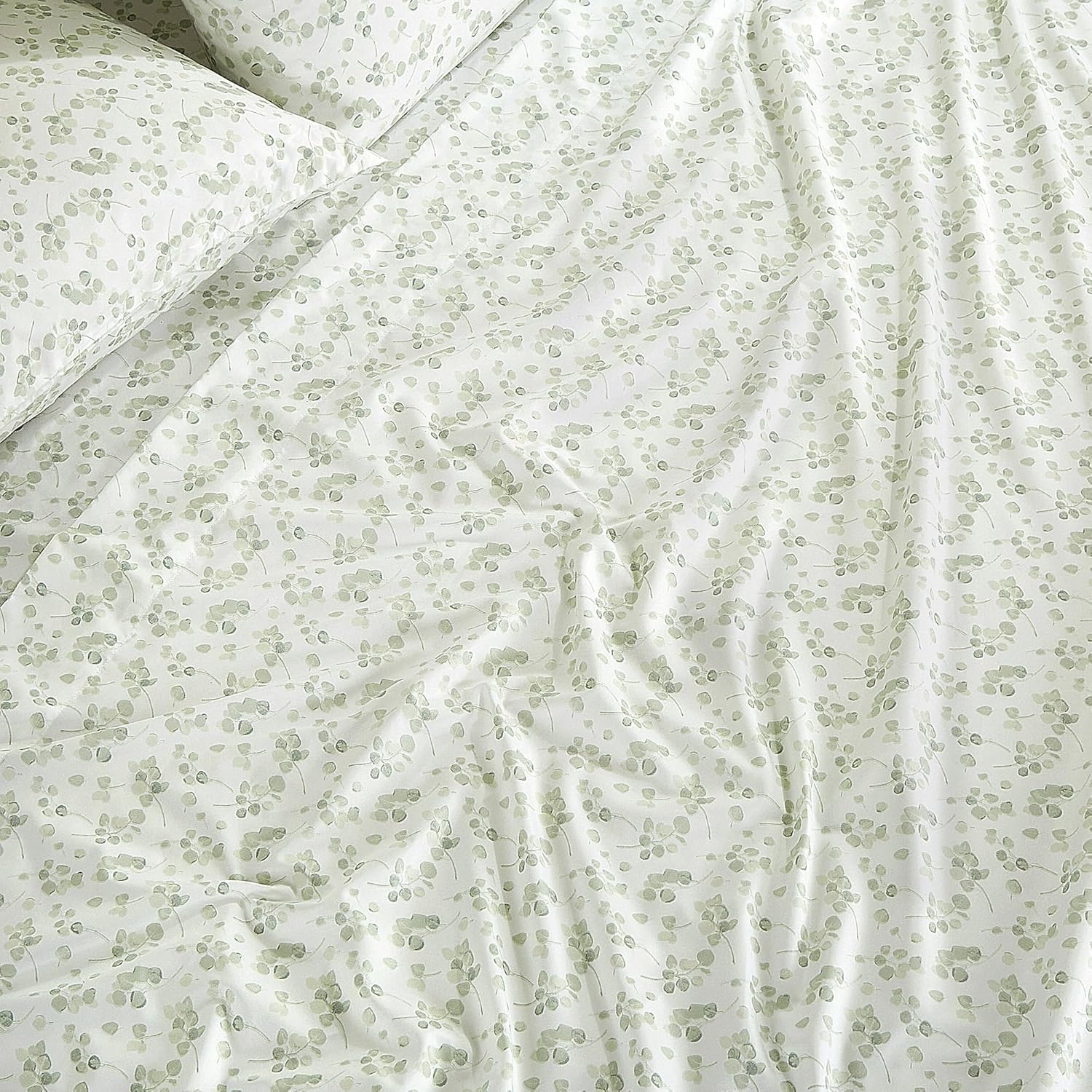 Chezmoi Collection Arbor 4-Piece Floral Bed Sheet Set - Soft Green White Printed Microfiber 14-Inches Deep Pocket Sheets & Pillowcases Set, King