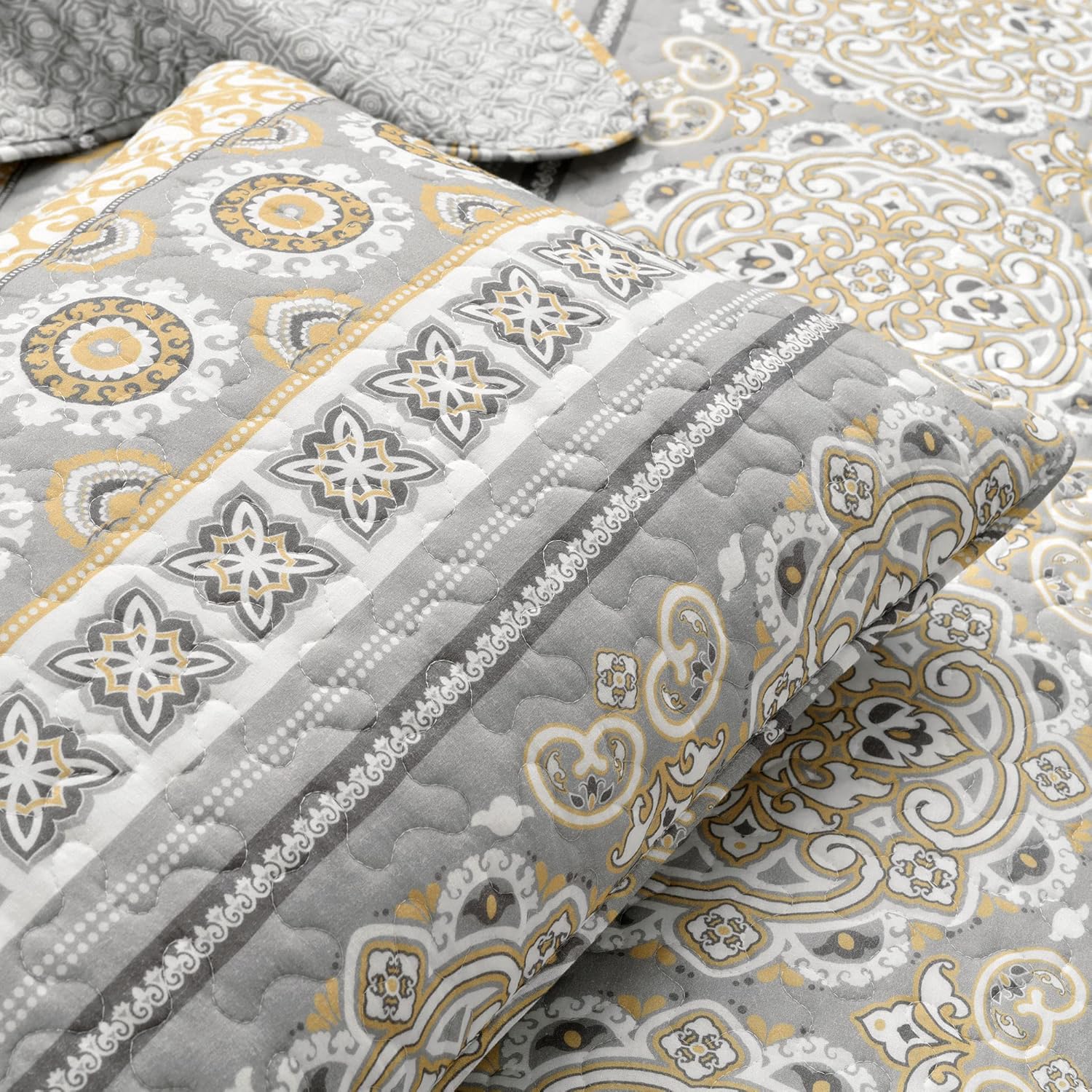 Lush Decor Nesco Stripe Quilt Queen Size 3 Piece Set Full/Queen Yellow & Gray - Striped Bedding Set Queen Quilt - Yellow Quilts - Boho Bedroom Decor