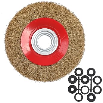 8 Inch Wire Wheel for Bench Grinder, Crimped Steel Brass Coated Brush with 1/2" 5/8" 3/4" 7/8" 1" Arbors, Round Grinding Accessories for Paint Rust Removal Deburring Descaling Finishing Polishing