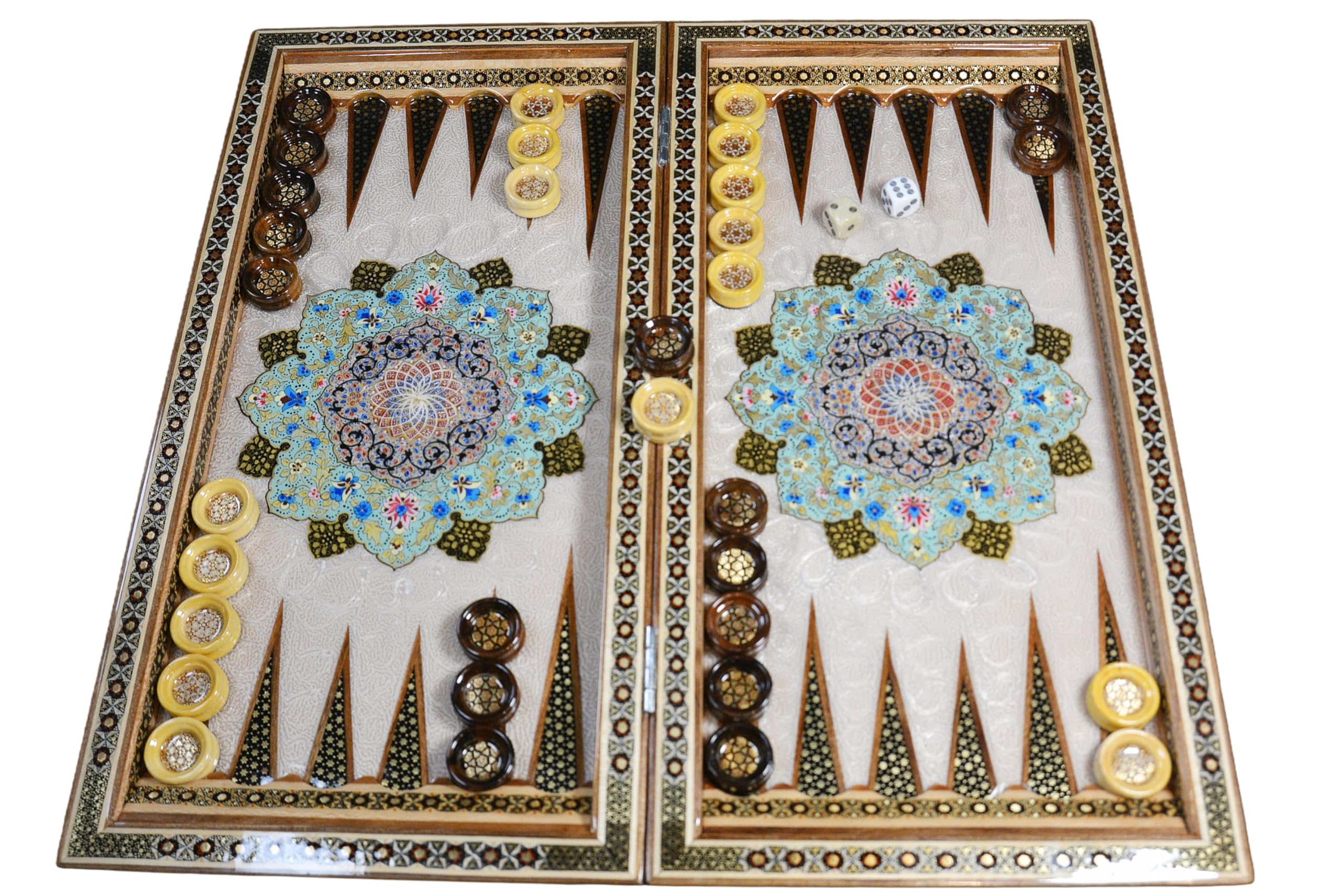 Collection d'échecs de backgammon en bois fait à la main en marqueterie peinte à la main avec étui de protection, dés et pions en bois 50 x 50 cm, 3,5 kg (motif floral premium 13)