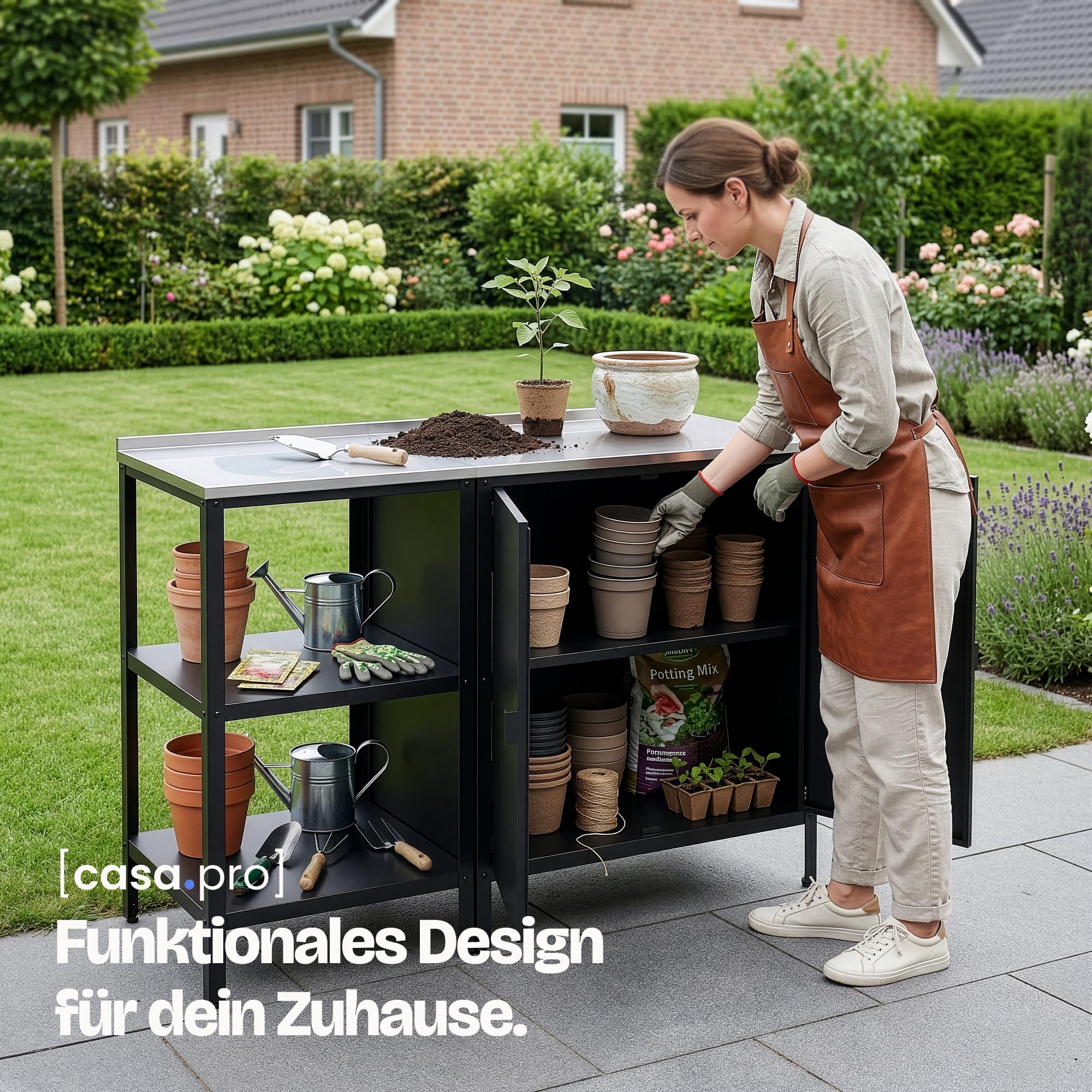casa.pro Outdoorset Bolognano Gartenmöbelset Outdoor-Standregal und Outdoor-Schrank im Set Gartenschrank Gartenregal für Grill Möbelset für Drinnen und Draußen Schwarz matt