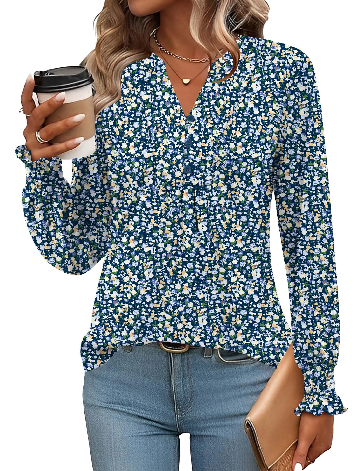 Rapbin Bluse Damen V-Ausschnitt Knopfleiste T-Shirt Tunika Kurzarm Top Sommer Oberteile Elegant Casual