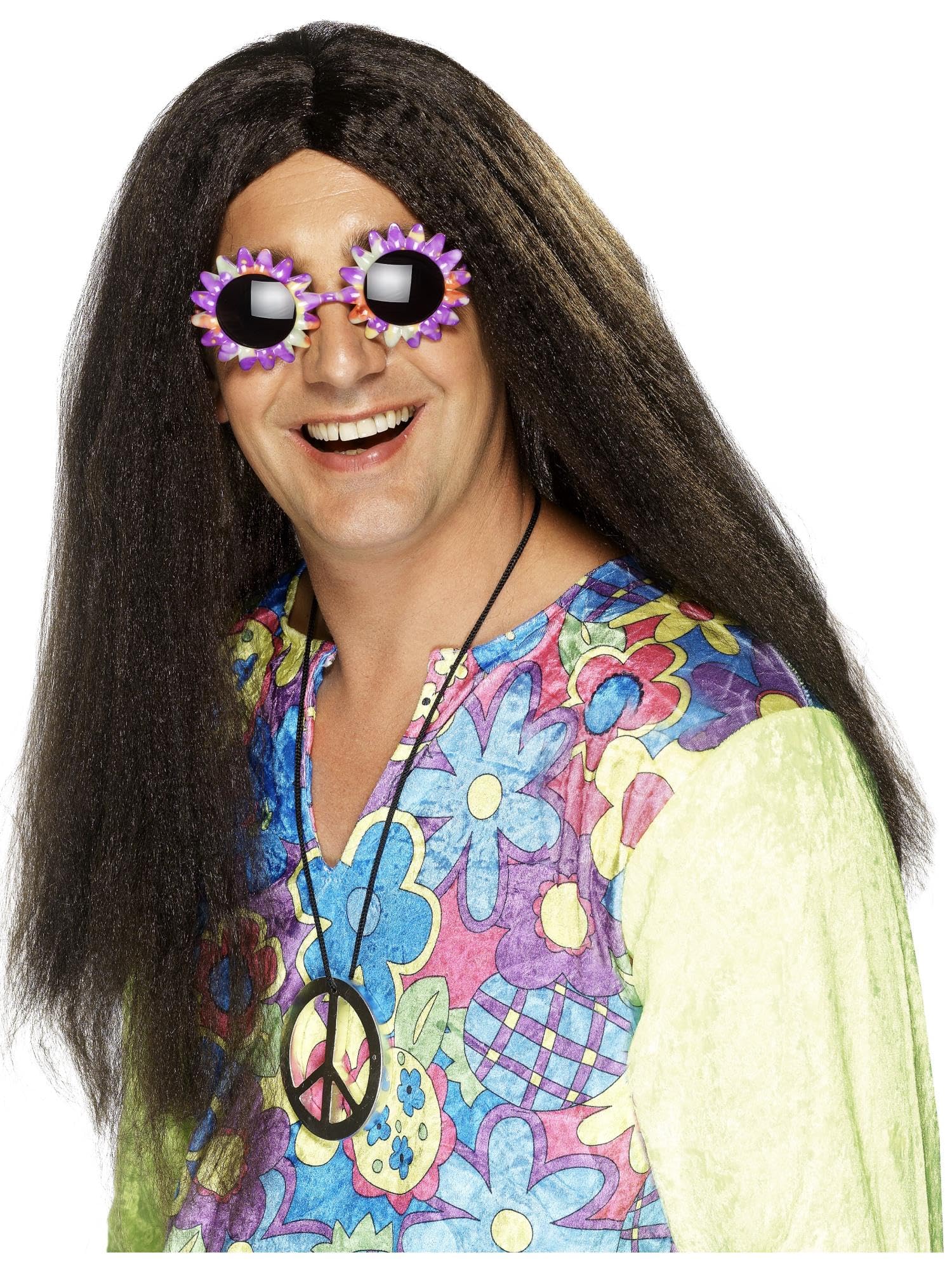 Smiffys Hippy Wig, Brown Long with Centre Parting, 1960's Groovy Fancy Dress, Adult Dress Up Wigs Halloween